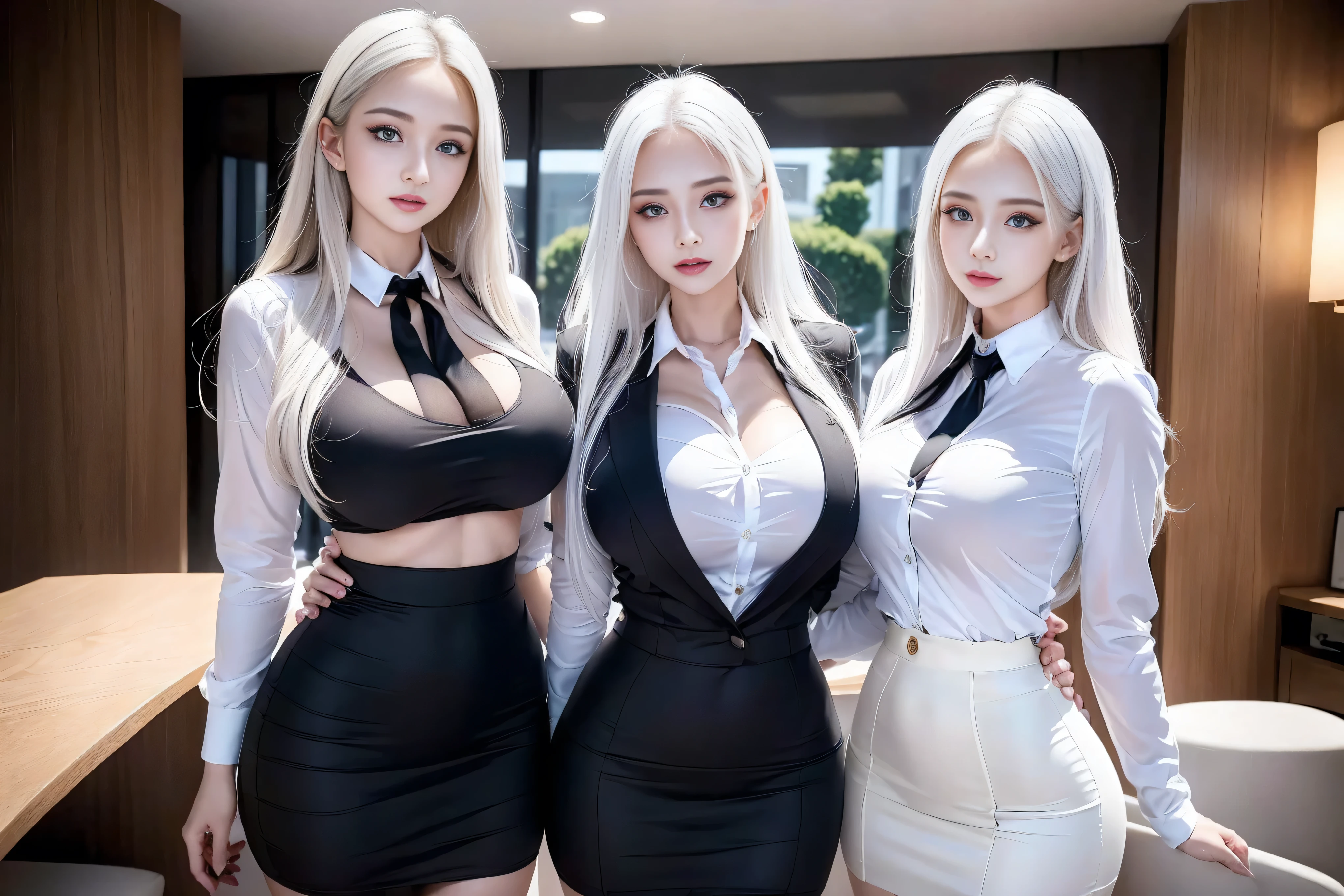 (2 girls), beautiful, Amazing face and eyes, long white hair，cosmetic, (Extremely delicate beautiful face), (The sexiest look), (beautiful big breasts:1.1), (best quality:1.4), (Ultra Detailed), (Extremely detailed CG unified 8k wallpaper), Very detailed, original photo, Professional photography, ((Business suit)), (tight skirt), (Open collar business shirt),in office，Large depth of field、