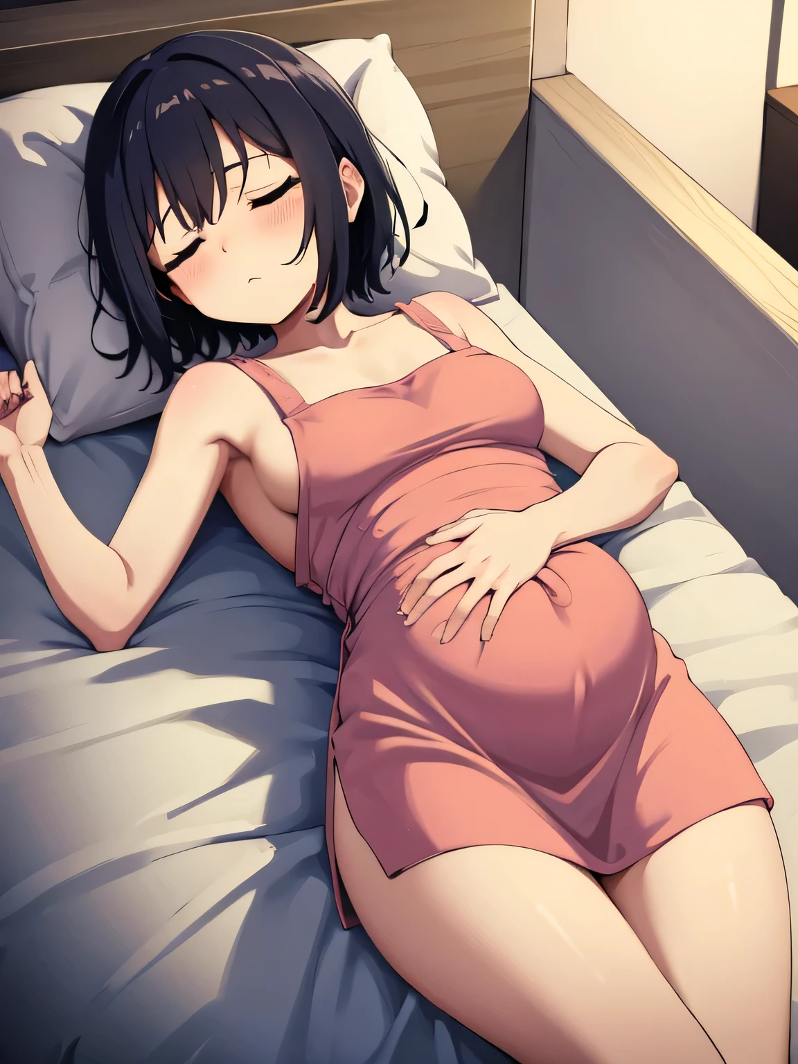 1. Beautiful woman in naked apron, short hair, Small breasts,Black Hair, Hospital Beautiful Cute High Quality Sleeping in Bed Sleep Pregnancy Test