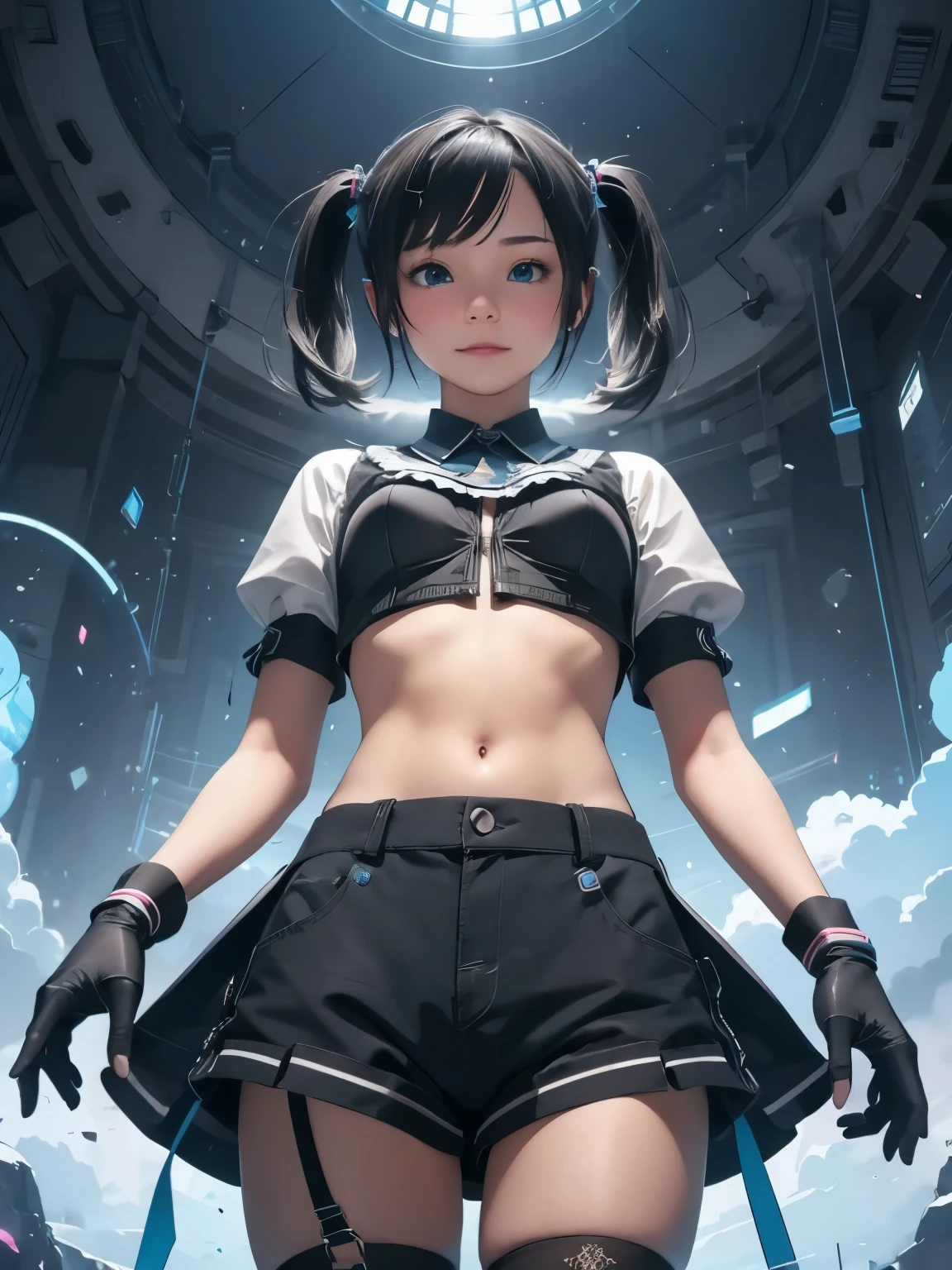 (masterpiece、highest quality、highest quality、Official Art、Beautiful and beautiful:1.2)、(One girl:1.3)Hatsune Miku、Twin tails,,Yanhe, whine, One girl, black gloves, black Shorts, black Knee socks, blue null, chest, chest apart, cable, cloud, cloudy null, Crop top, Crop top overhang, Day, elbow gloves, From below, gloves, blue eyes, Hair between the eyes, hand on Headphones, Headphones, medium chest, leg ribbon, View your viewers, abdomen, belly button, petribbon, shirt, very short hair, short hair, Shorts, null, No sleeve, No sleeve shirt, smile, alone, thigh ribbon, Thigh straps, Knee socks, Button unbuttonUnderbust, upshirt, Gray Hair, zipper