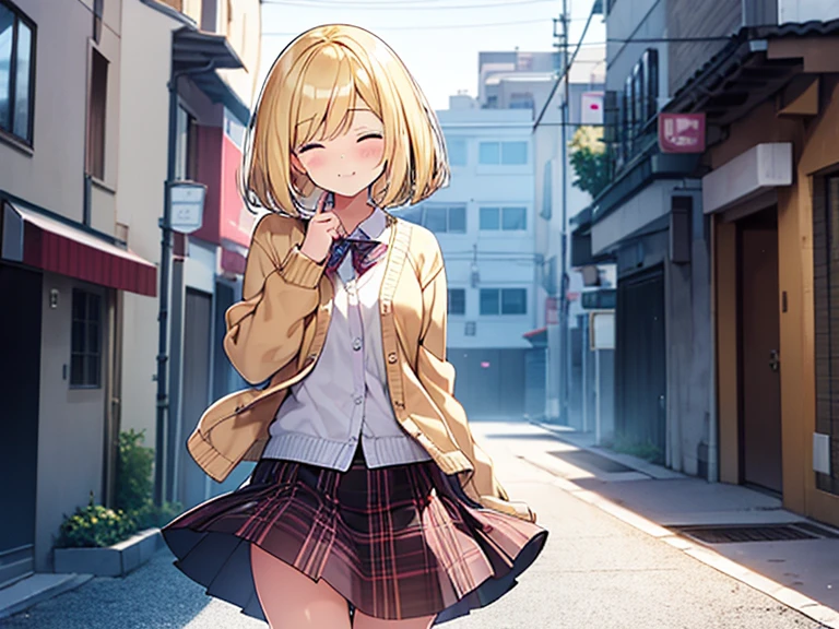 Top quality, 1 beautiful woman, , Blonde, (bob cut), Hair blowing in the wind, standard weight, happy, closed eyes , blush, Cardigan, plaid frill skirt, beautiful scene of alley