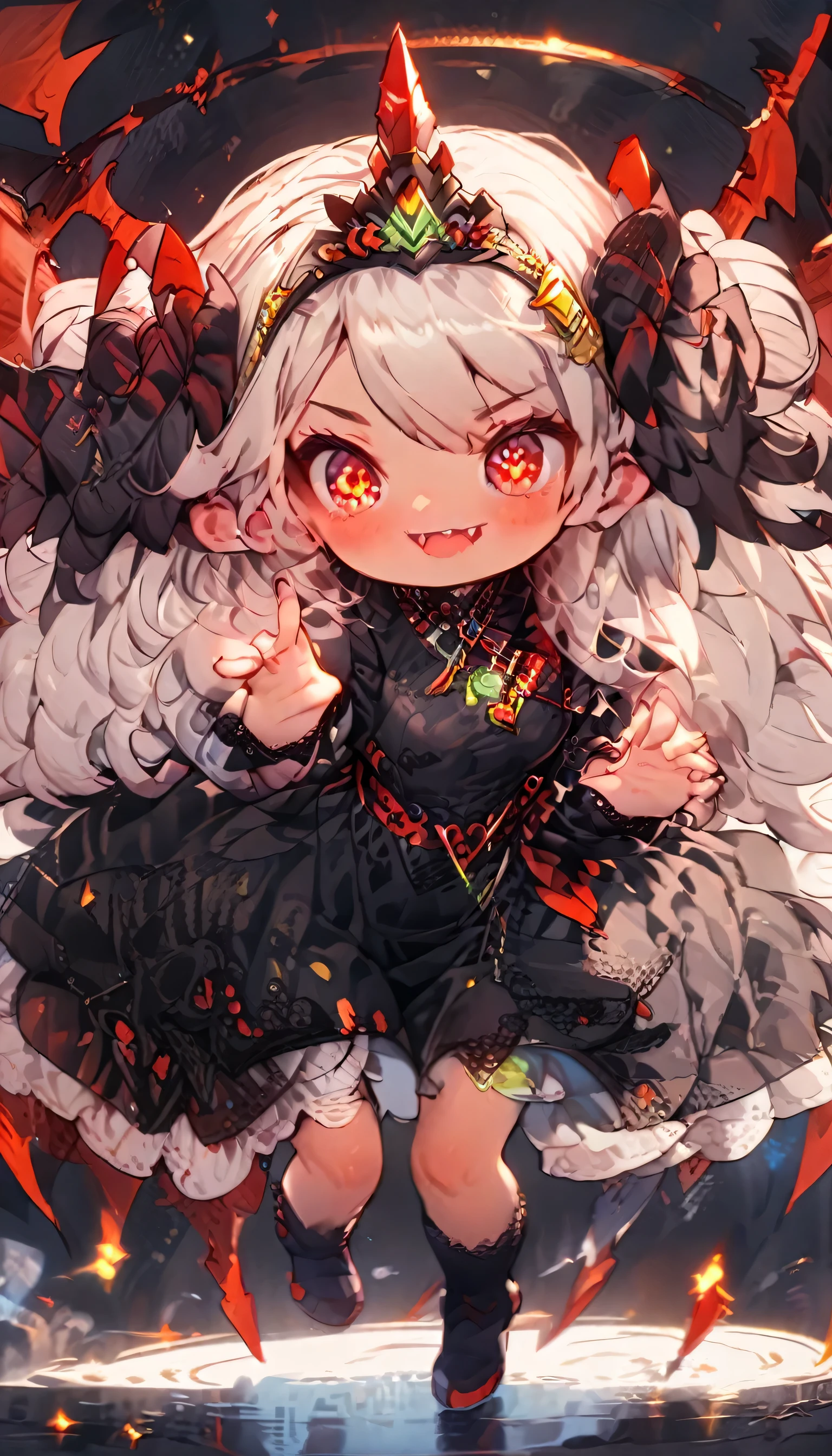 masterpiece, best quality, extremely detailed, high resolution, Japanese anime,1girl, Silver hair, (medium length hair:1.4), side braid hair, curly hair, wavy hair, drill hair, curl outward hair,dragon horn, mechanical wing, (vampire:1.2), (red eyes:1.5), (beautiful detailed eyes:1.4), laugh, 130cm tall, original character, fantasy, (black background:1.2), (full body:1.8), beautiful fingers, standing, (black red lace frill dress:1.5), (bejeweled tiara:1.5) , shoot from front, looking at viewer