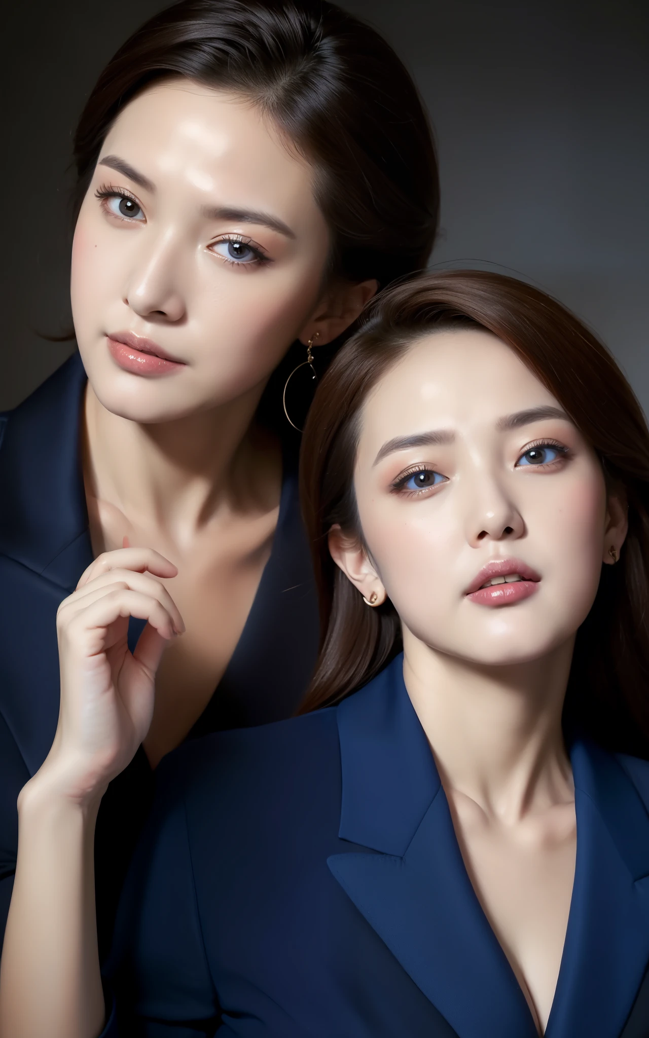 masterpiece,best quality, (1 milf), ((portrait:1.5)), makeup, glossy blue blazer, elegant black shirt, contrapposto, ((seduction expression)),