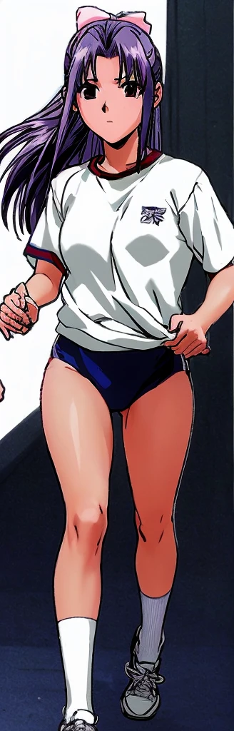 Momoko Koigakubo, a tall girl with beautiful legs, is running from behind in a white gym uniform and a light-colored navy blue bloomer that looks like panties.。