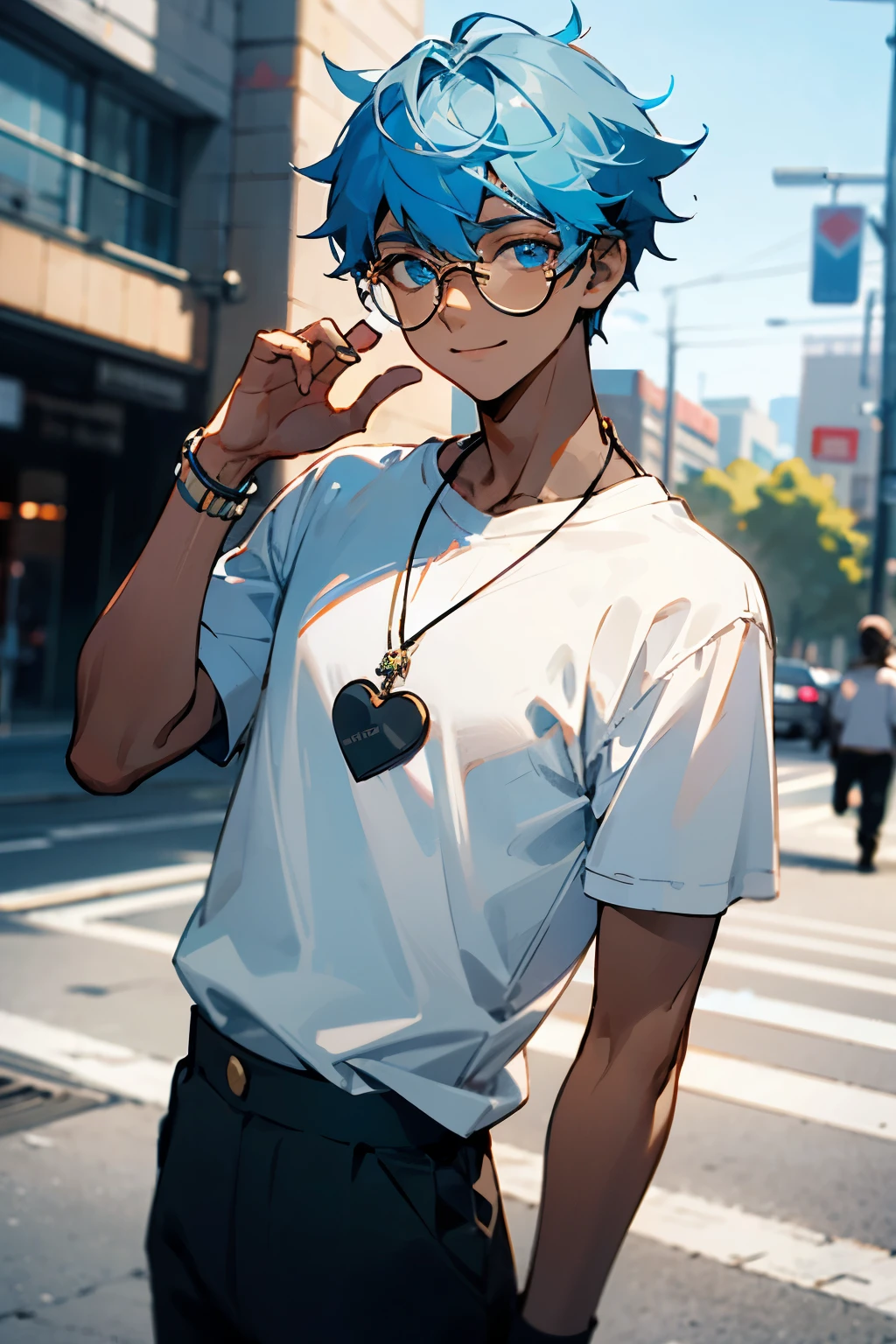 A black, dark skinned, 18-year-old boy in the middle of the bright city, with a nice smile, circular glasses, white T shirt and black pants with a heart necklace, light blue hair and light blue eyes
