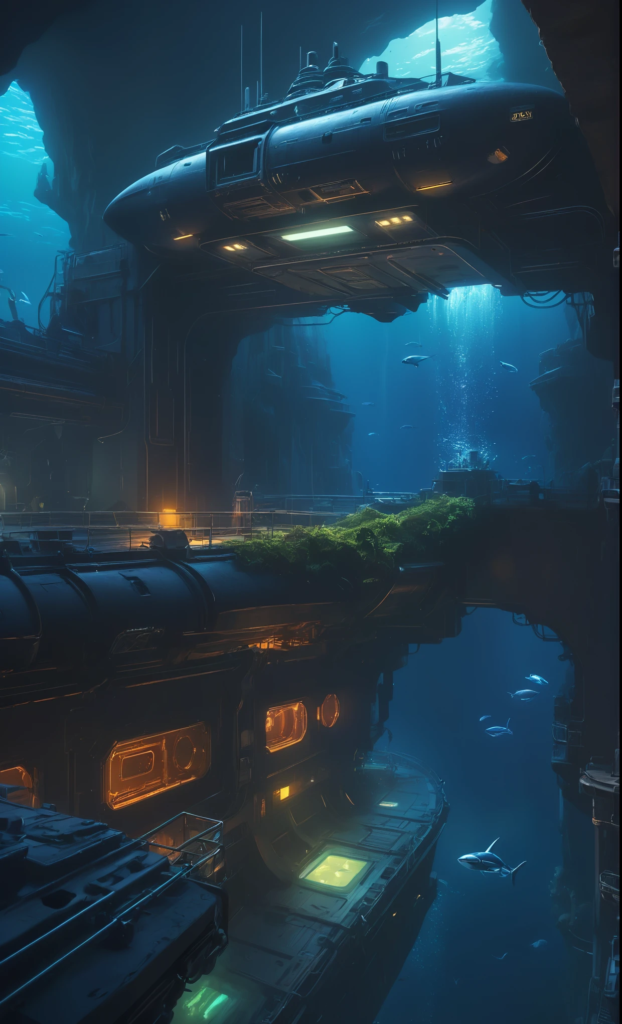 Nazare Subnautica vol.2 - New Nazare, by Luis Duarte, Nanopunk, blue shading, Nazare style, Element Water, Mythpunk, Graphic Interface, Space Art, Sci-Fic Art, Dark Influence, NijiExpress 3D v3, Kinetic Art, Datanoshing, Oilpainting, Ink v3, Splash style, Abstract Art, Abstract Tech, Cyber Tech Elements, Futuristic, Epic style, Illustrated v3, Deco Influence, AirBrush style, drawing