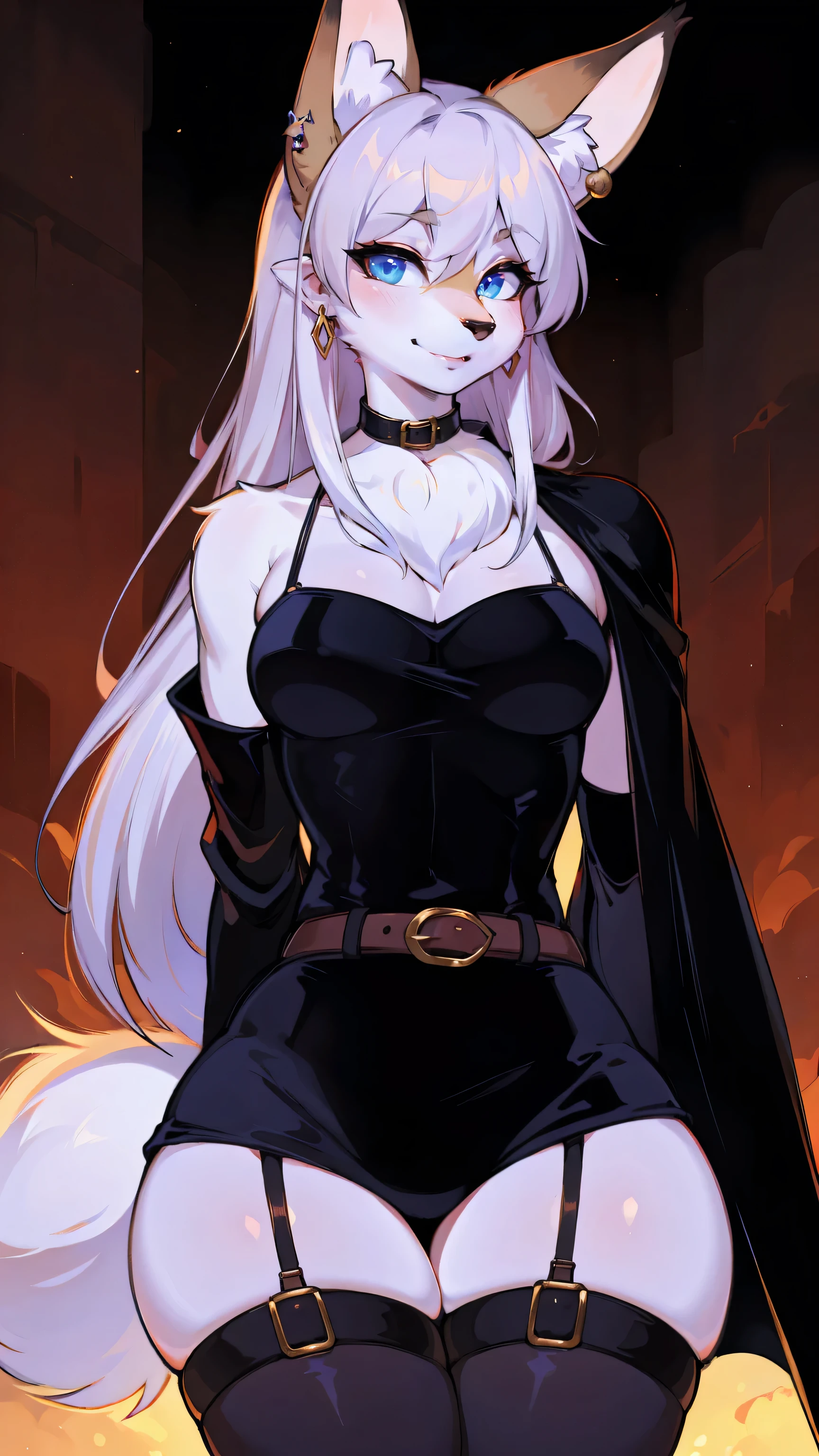 small animal_ears,mature_female,cute,furry_girl,wolf_girl,Elegant figure,193cm tall,Model's body_type,detailed_eyes,silver_hair,cute_ears,wolf_ears,black robe,leggings,fluffy_furs,earrings,upper body,stocking with garterbelt,neck garter,(perfect detailed eyes:1.5),jewelry, blank eyes,brooch,smiling,(front:1.5),(furry:1.5),long lashes,flowy chiffon,well-proportioned figure,(thick thighs:1.1),perfectly high-detail facial features,(perfect detailed eyes:1.5),silky long hair,masterpiece, best quality, Ultra-high quality, Ridiculous details,(best quality,4k,8k,highres,masterpiece:1.2),ultra-detailed