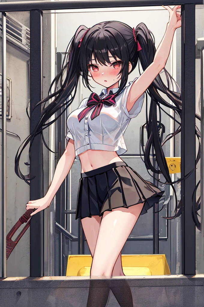 A girl，Imprisoned in an iron cage，twintails，Long hair，Black Hair，((transparent))，shirt，Towering breasts，Sexy Lingerie，Slim waist，Showing belly，Pleated Skirt，Smooth legs，blush，