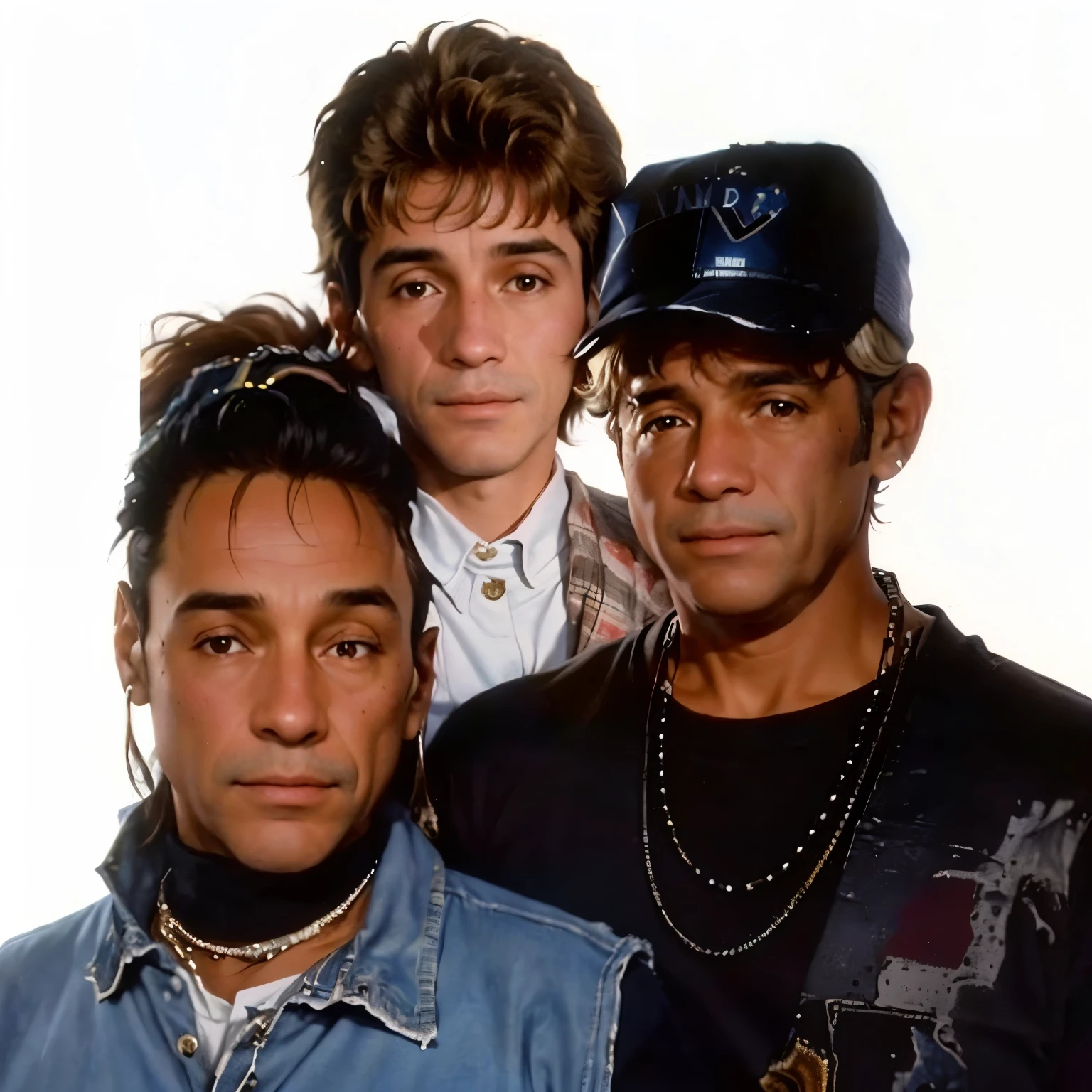 There are three people together in a studio photo, do programa de TV de sucesso dos anos 90, 8 0 s film, Filme dos anos 80 still, Retrato dos anos 80, no estilo de macaco, dos 8 0s, Filme dos anos 80, late 80's, descrajado, ambientado em 1998