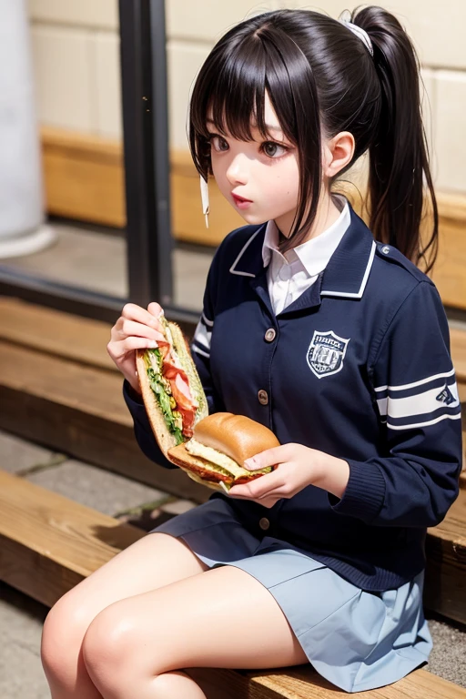 ponytail, A high school girl sitting on the floor and eating a sandwich, In uniform