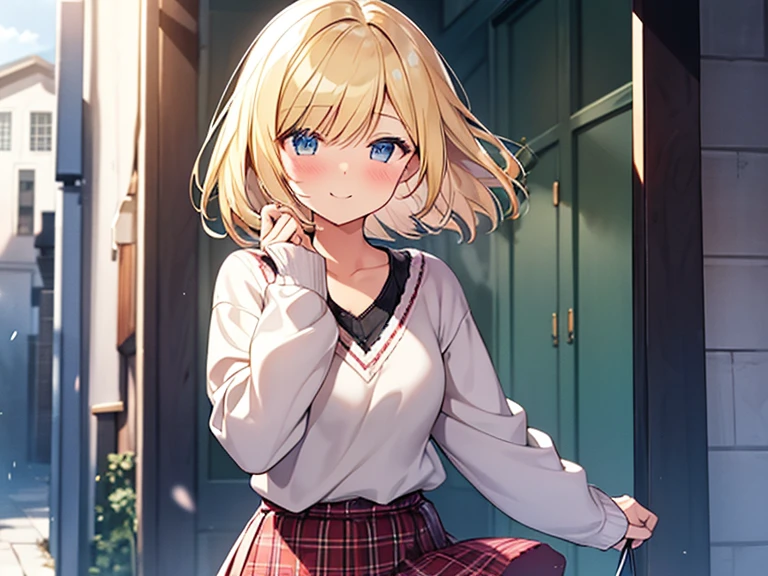 Top quality, 1 beautiful woman, junior high school student, Blonde, (bob cut), Hair blowing in the wind, standard weight, happy, blush, V-neck-sweater, plaid frill skirt, beautiful scene of alley