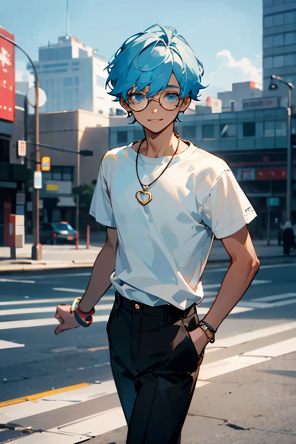 A black, dark skinned, 18-year-old boy in the middle of the bright city, with a nice smile, circular glasses, white T shirt and black pants with a heart necklace, light blue hair and light blue eyes