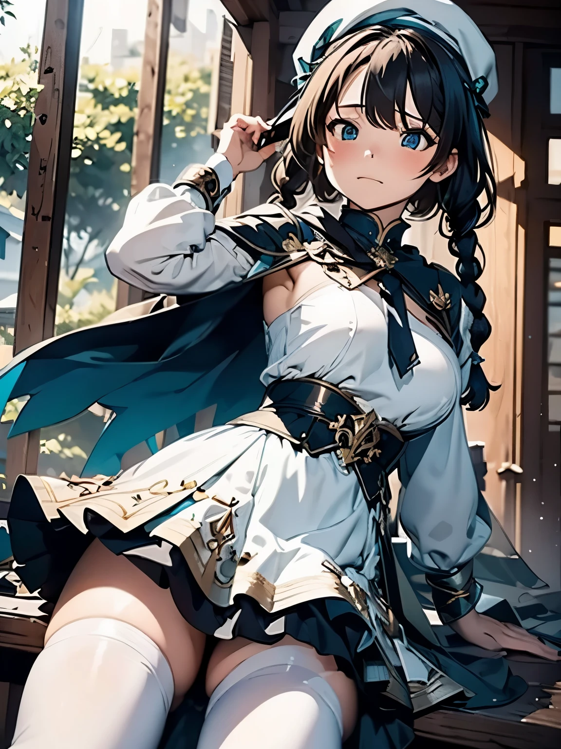 (masterpiece、highest quality、highest quality、Official Art、Beautiful and beautiful:1.2)、(One girl:1.3)Hatsune Miku、Twin tails,Big Breasts,masterpiece, One girl, Sparrow, Brown Haired Girl, Wearing white medieval maiden clothes, Curly shorthair, Messy Hair, The body is slim, Wearing a golden capelet and hood, He closed her left eye., Shirt decoration, Aqua Eye, Show her your back, Ahoge, Black vest, Baby Face, Small breasts, Beautiful breasts, Round Breasts, Braid, White Beret, Long sleeve, Beautiful Eyes, White Stockings, Bright Eyes, skirt, brown skirt, plaid skirt, Her age is 10 years old, Bright expression, she , sheパンを食べる, sheパン屋に座っている
