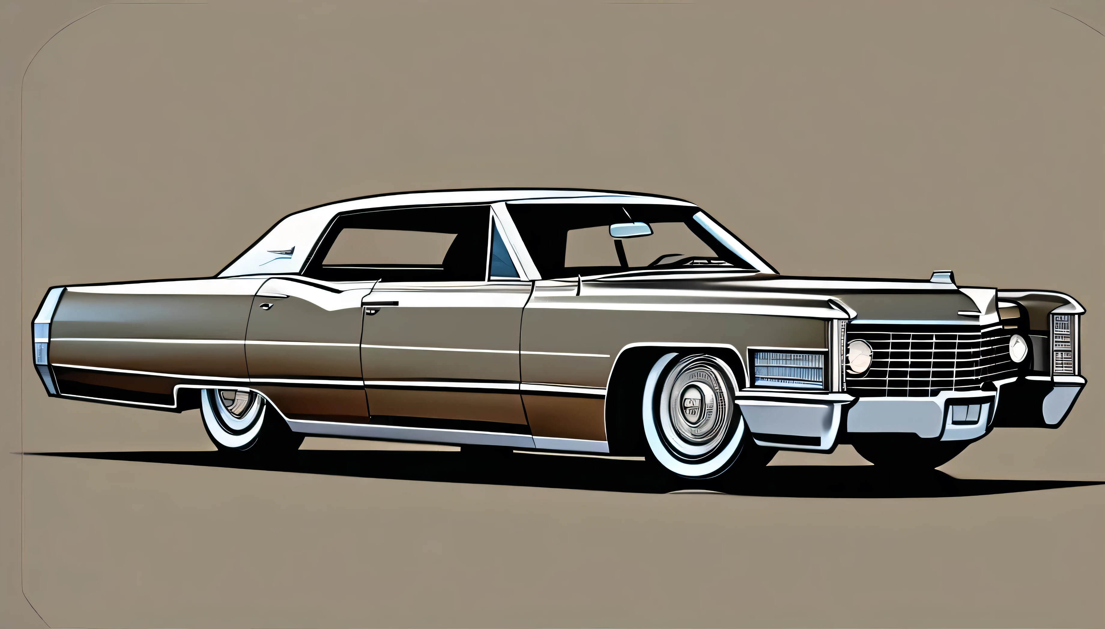 Beige colored slammed 1967 cadillac deville, pop art, cartoonish style , sketch, detailed illustration, large wheels, wide bodykit, masterpiece, highly detailed ((([simple dark grey background])))