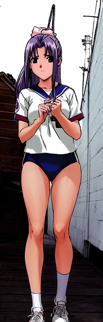Momoko Koigakubo, a tall girl with beautiful legs, is doing a bridge in a white gym uniform and a light-colored navy blue bloomer that looks like panties.。