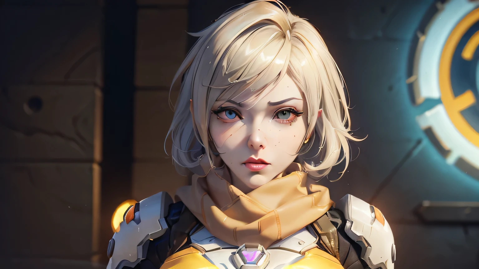 (((Overwatch style aesthetic))) Bust ((half body)) ((beauty shape)) hyperrealistic masterpiece, Superheroine girl in extremely detailed tech tight plugsuit ((with scarf & white cape)), cinematic illumination: highly & extremely detailed with cape & scarf, Unity 8k, pearly perfect wet skin with pores (((long white hair & glowing colores highlights in the hair))) ((perfect face shapes, complete perfect red lips, perfect nose, correct beautiful eyes, eyelashes, detailed intricate iris textured face in ZBrush)), Ultra HD, (((no illumination))), developed by Unreal Engine 5, Ultra Sharp Focus, Art by Alberto Seveso, Sci-Fi, vibrant & intricate Artwork, golden Ratio, epic, blonde hair, short hair, yellow glass. bee robotic
