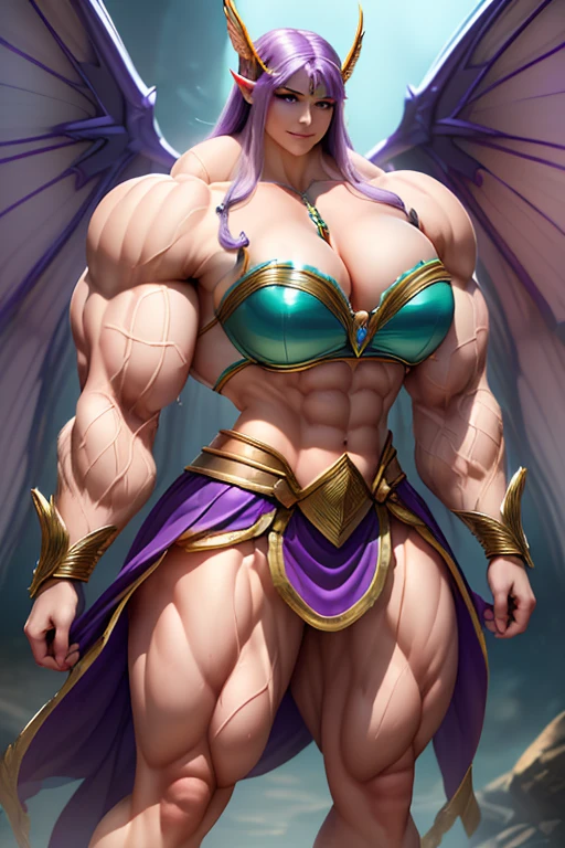 (((((Massive, tall, beautiful, buff, muscular pale white skinned female Amazon warrior with violet purple hair, ginormous bulky muscles, huge wings and wearing an all red gleaming amazon armor and pleated skirt))))), (close view), black eyeliner, massive muscles, massive biceps, hyper muscle triceps, (long hair with long bangs), black eyes, amazon boots, In the Amazon, huge wings, armor breastplate, nighttime, confident smile, (hyper muscles arms), hyper muscle legs, (ginormous arms),