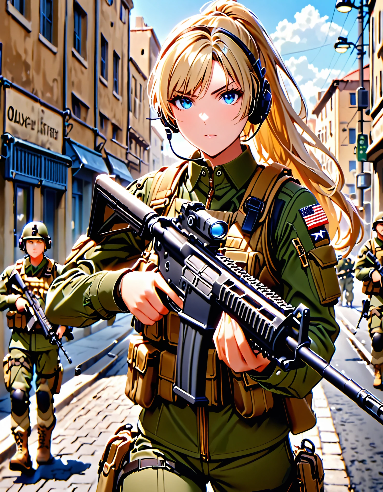best quality, masterpiece, highres, solo, solo focus, 1lady. blonde hair, long hair, ponytail, blue eyes, beautiful detailed eyes, beautiful detailed face. concerned look, us soldier, olive green uniform, combat boots, assault vest, radio headset, holding an assault rifle. town street backdrop, daytime.