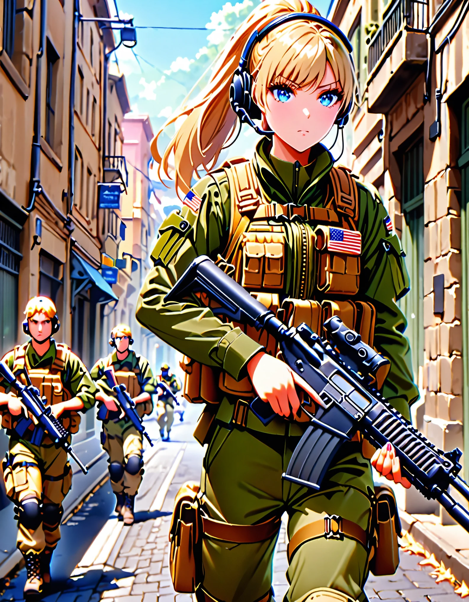 best quality, masterpiece, highres, solo, solo focus, 1lady. blonde hair, long hair, ponytail, blue eyes, beautiful detailed eyes, beautiful detailed face. concerned look, us soldier, olive green uniform, combat boots, assault vest, radio headset, holding an assault rifle. town street backdrop, daytime.