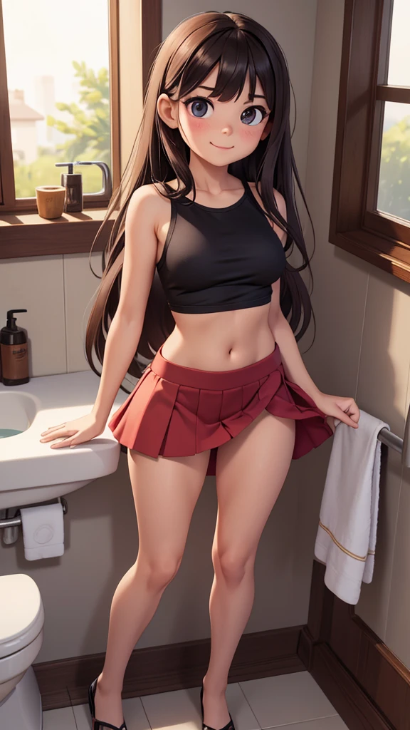 Ultra realistic , girl, obra maestra, mejor calidad, alta calidad, defined, detailed, HD, (piel morena), ojos definidos, ojos cafes intensos, long eyelashes, small mouth, sonrisa, :3, very long hair, pelo liso, pelo oscuro, cuerpo reducido, bosom barely contained, big breasts, sexy, posando foto, estudio, mini skirt, sin sostenes, no bra, excitada, pezones erectos, nice view, full body, nice body, nice hands, nice fingers, perfect fingers, abierto, mojada, sudada, caliente, tight, sonrojada, nice legs, no socks, sin flequillo, peinada hacia atras, pose lasciva, petites, ((no skirts)), sexy clothes, lil sister, hot big sisters, barely covering, lean, unaware, no panties, shower, (bathroom), transparent window, cover towel, showing together, changing clothes, nude, heat, finishing, fuckeable, touching