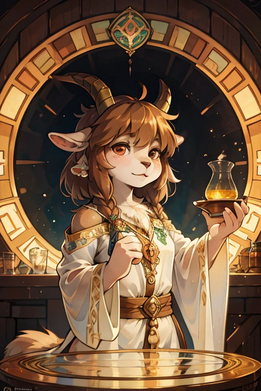 (Mucha style:1.2) , hairy goat Short stature girl , (realistic hairy fur:1.2) , round face , (tilt face:1.2) ,  round eyes , Swollen cheeks , glossy lips , in the fantasy , Alchemist , transparent robe