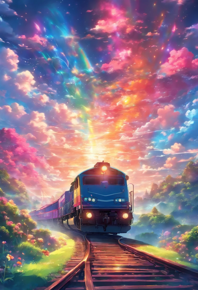 A locomotive running on a rainbow track,colorful,beautiful flower,Spectacular views,Utopia,An atmosphere full of dreams and hope,A masterpiece.