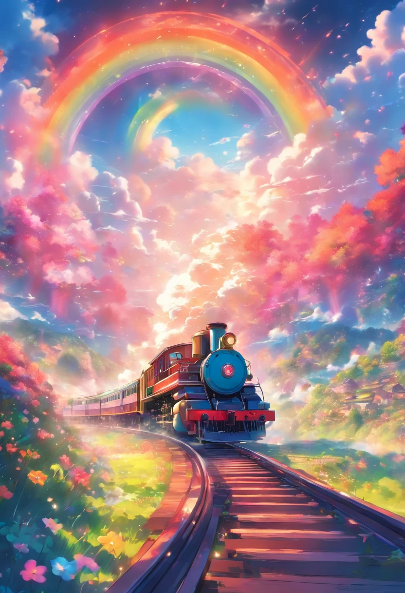 A locomotive running on a rainbow track,colorful,beautiful flower,Spectacular views,Utopia,An atmosphere full of dreams and hope,A masterpiece.