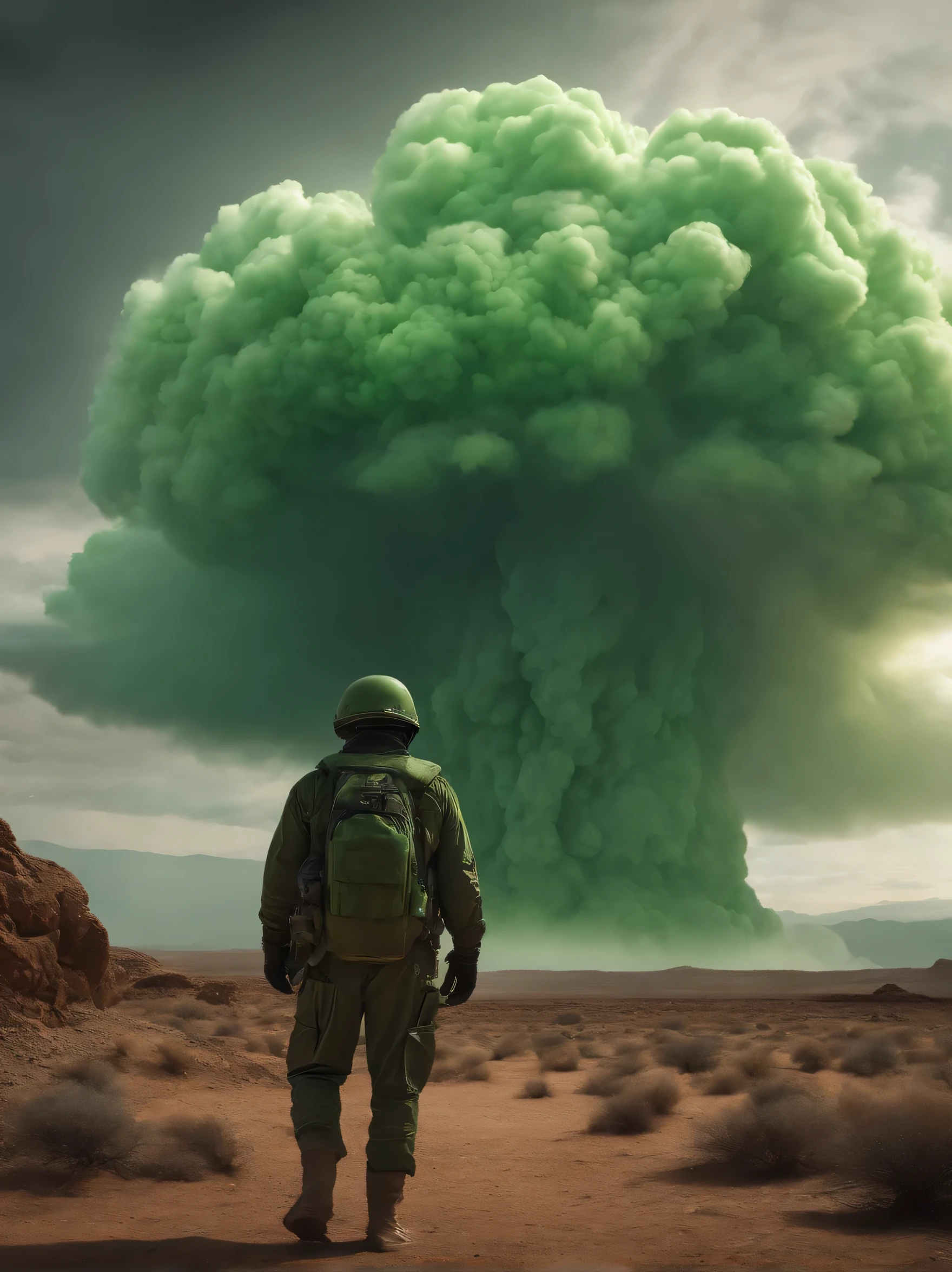 green nuclear explosion, green smoke, it is in a post apocalyptic desert, there are field of large translucent green mineral crystals coming out of the earth, greenish haze, dark sky, 4k, ultra detailed image, realistic, very detailed, perfect composition , splendid, intricately detailed, incredibly detailed, art photography 8k, hyper detailed, Masterpiece, ultra detailed, hyper realistic, 4k, ultra detailed image, realistic, highly detailed, perfect composition, splendid, intricately detailed, incredibly detailed, Artistic photography in 8k , hyper detailed