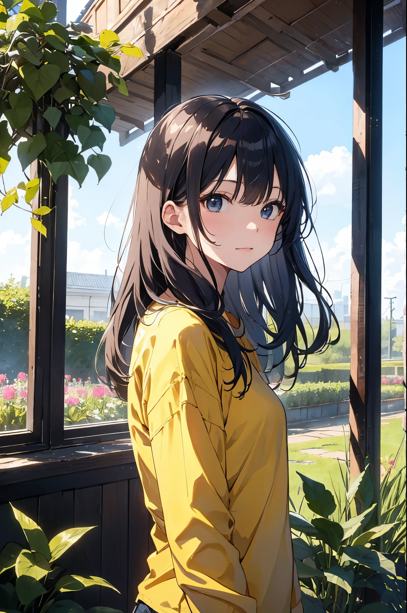 （Pretty sister:1.3）、(Super detailed)、Morning atmosphere、garden、Shining Morning Sun、Messy Hair、moisture、warm、Yellow Shirt