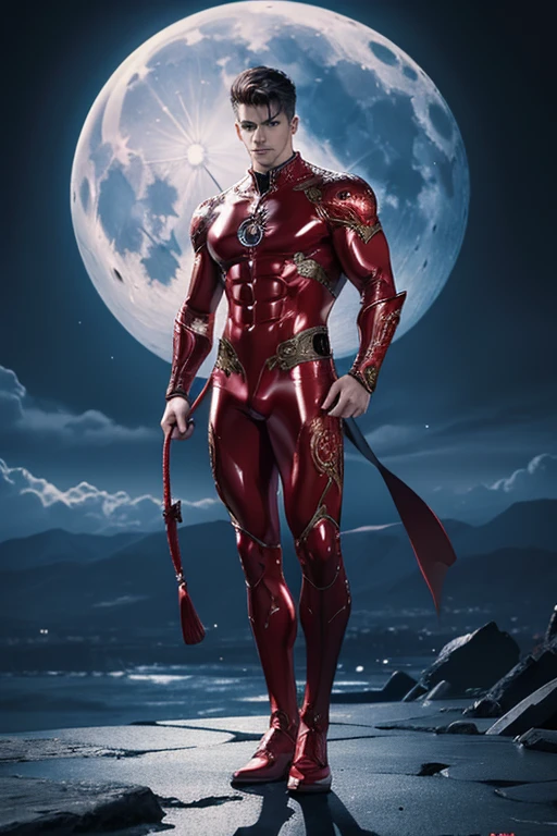 full body photorealistic very handsome God of fire,super ripped abs buff body, standing red latex shiny suits with thick filigree circle designs, with a super bulge, concentrated and dramatic face, dream vision, extremely realistic, perfect face, perfect eyes, masterpiece, artwork of intricate art, arts station. 4K HD, dark night light, dynamic, dynamic pose, action, motion blur, wide angle, cinematic lighting, post processing, dramatic compositing, dramatic view, dramatic angle view,, Majestic Moon as the backgroud with cloud and rays