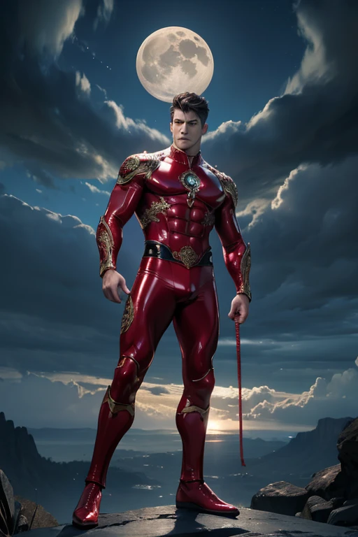 full body photorealistic very handsome God of fire,super ripped abs buff body, standing red latex shiny suits with thick filigree circle designs, with a super bulge, concentrated and dramatic face, dream vision, extremely realistic, perfect face, perfect eyes, masterpiece, artwork of intricate art, arts station. 4K HD, dark night light, dynamic, dynamic pose, action, motion blur, wide angle, cinematic lighting, post processing, dramatic compositing, dramatic view, dramatic angle view,, Majestic Moon as the backgroud with cloud and rays