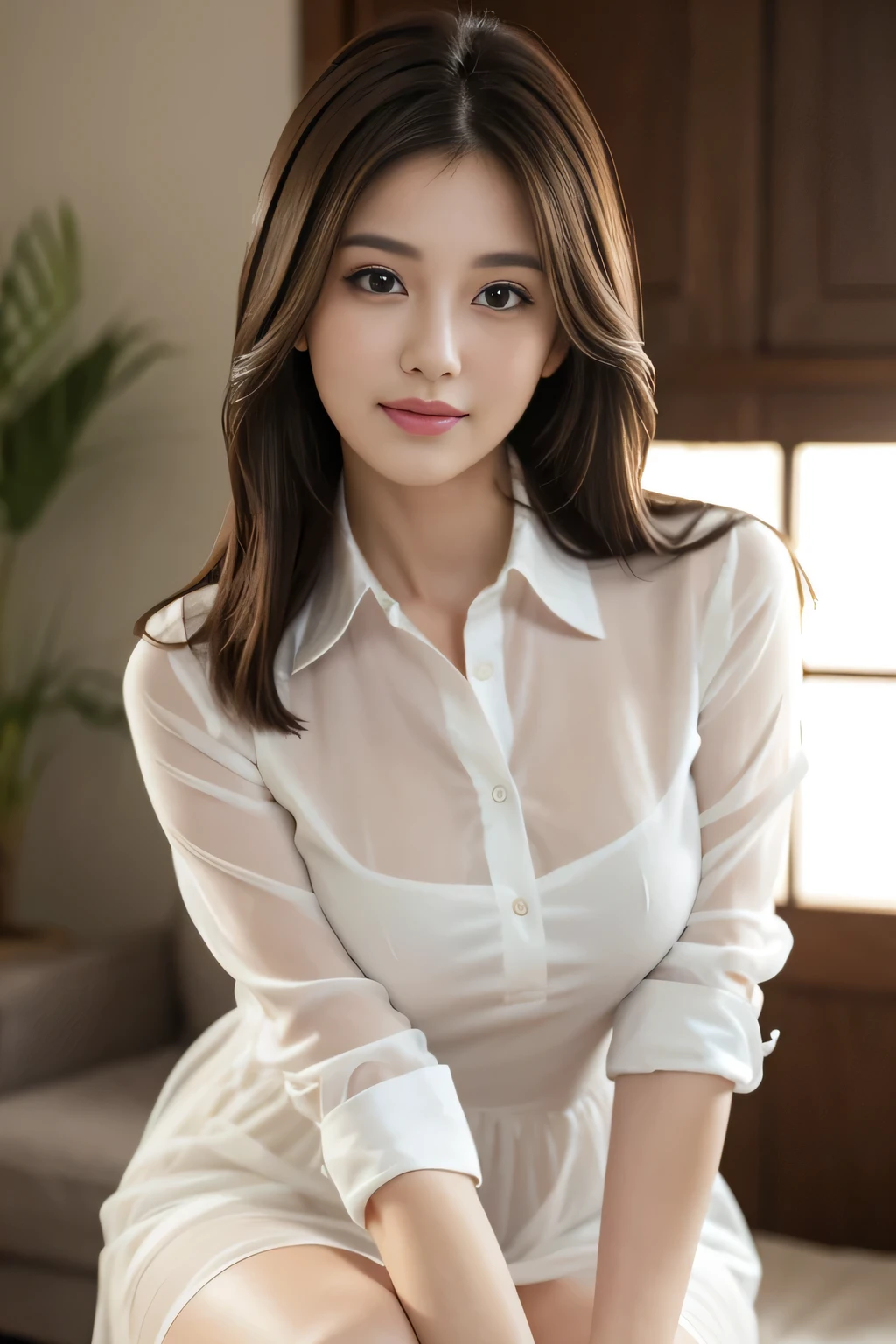 (RAW Photos), (Realistic), (masterpiece), (highest quality), High resolution, 8k, (Intricate details), (Volumetric Light), Portraiture, woman, Age 35, Medium Hair, Straight hair, Medium Chest, Layered Hair, Brown Hair, Very beautiful eyes, Source order, Very thin eyebrows, Very fine skin, Very beautiful mouth, Very nice nose, Cute like an idol, smile, (Thick lips), (Looking at the audience), (See-through collared dress shirt), Above the knee shot