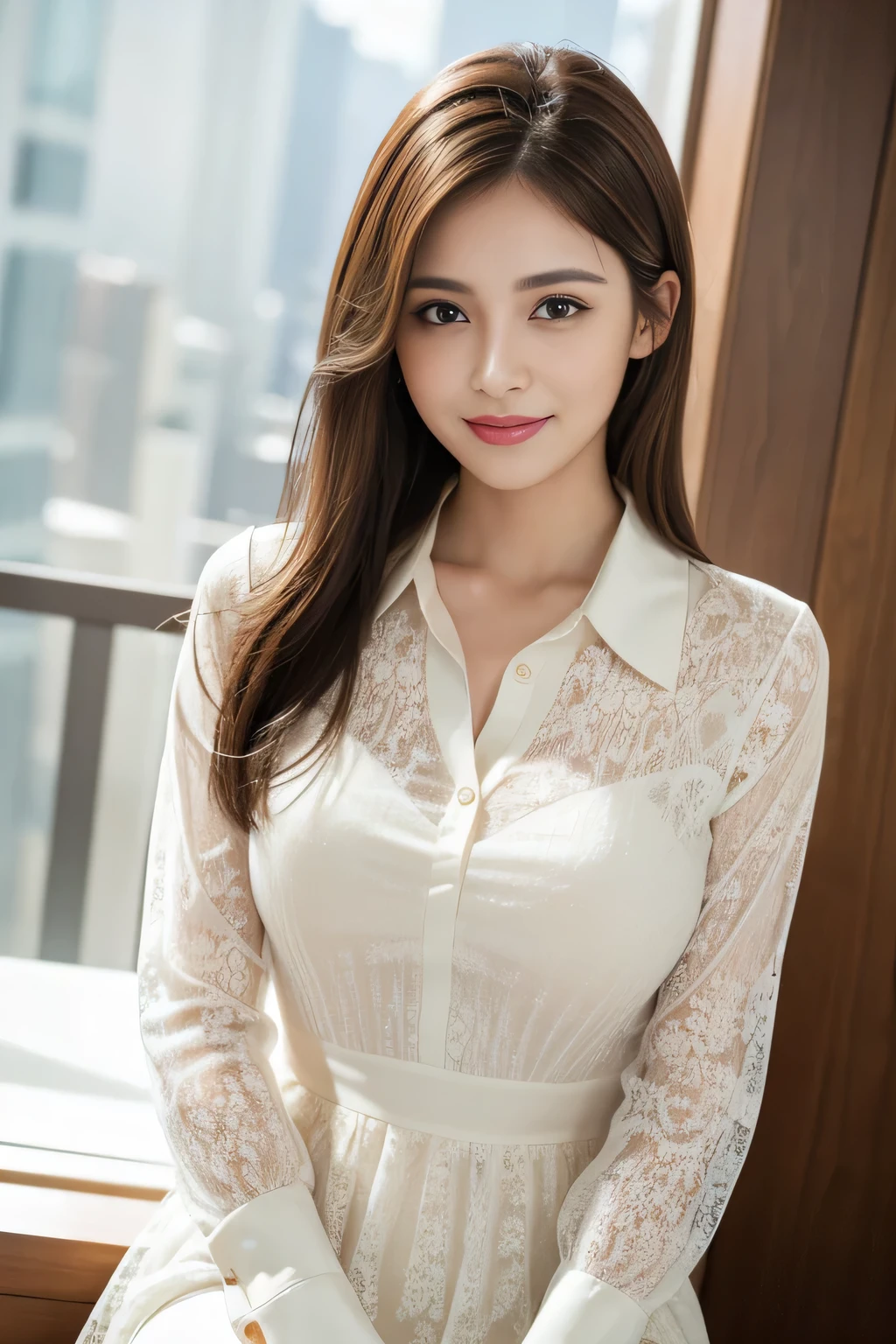 (RAW Photos), (Realistic), (masterpiece), (highest quality), High resolution, 8k, (Intricate details), (Volumetric Light), Portraiture, woman, Age 35, Medium Hair, Straight hair, Medium Chest, Layered Hair, Brown Hair, Very beautiful eyes, Source order, Very thin eyebrows, Very fine skin, Very beautiful mouth, Very nice nose, Cute like an idol, smile, (Thick lips), (Looking at the audience), (See-through collared dress shirt), Above the knee shot
