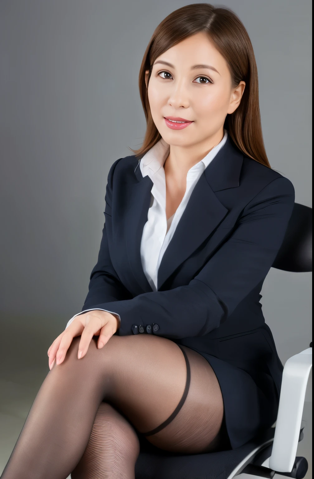 masterpiece, Better Quality, hight resolution, ((Photorealsitic:1.4, Raw photography, ultra high resolution,high quality image)), ((fupper body, portrait:1.2)), 1Milf sitting on office chair, wearing business suit, black stocking, curvy shape0.5, very detailed and professional lighting, (cute facial expressions), ((thick thigh)),