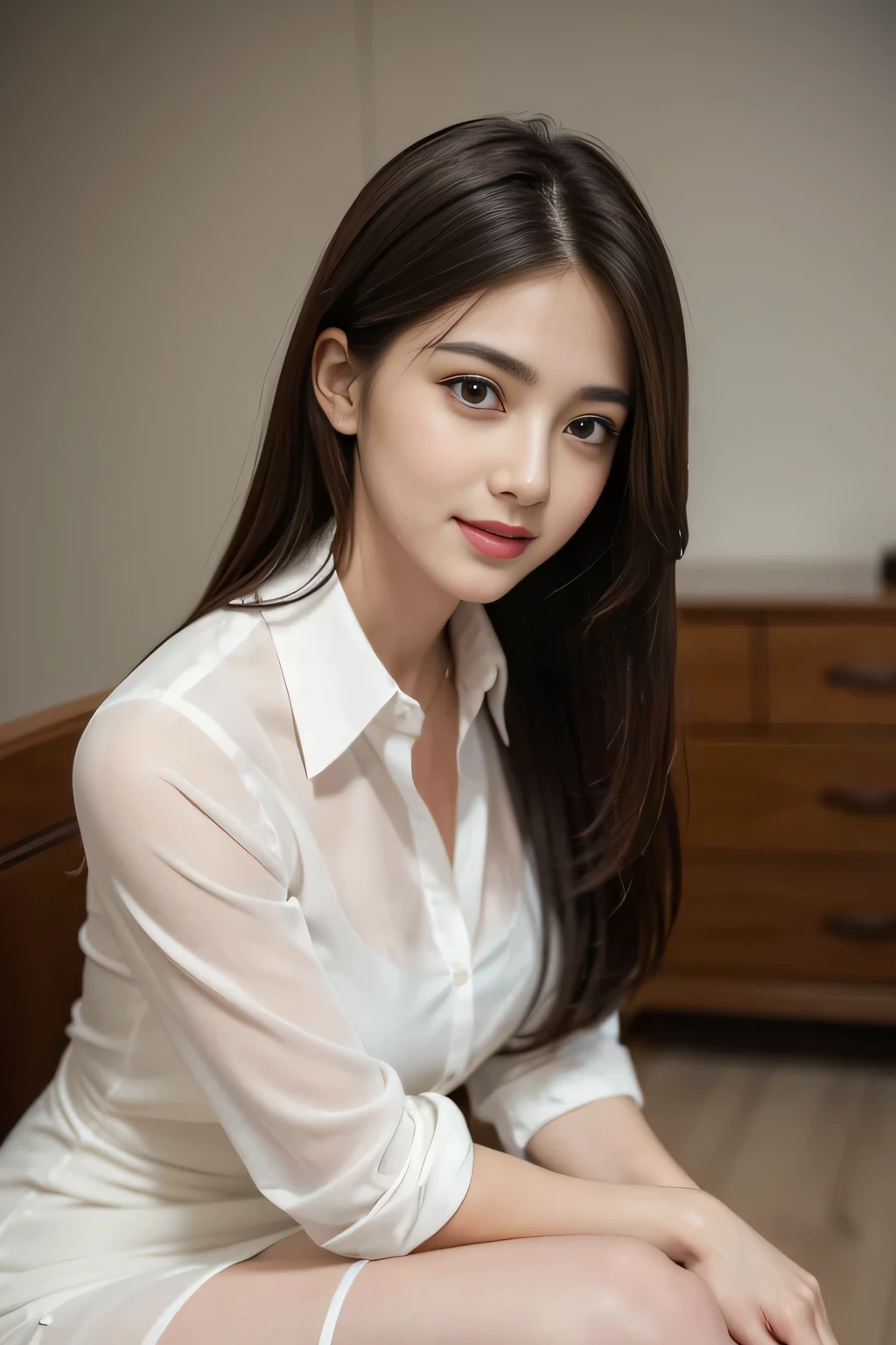 (RAW Photos), (Realistic), (masterpiece), (highest quality), High resolution, 8k, (Intricate details), (Volumetric Light), Portraiture, woman, Age 35, Medium Hair, Straight hair, Medium Chest, Layered Hair, Brown Hair, Very beautiful eyes, Source order, Very thin eyebrows, Very fine skin, Very beautiful mouth, Very nice nose, Cute like an idol, smile, (Thick lips), (Looking at the audience), (See-through collared dress shirt), Above the knee shot