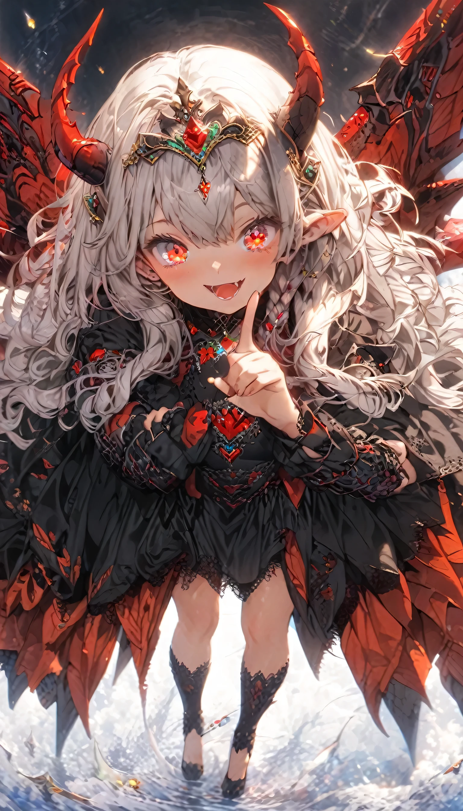 masterpiece, best quality, extremely detailed, high resolution, Japanese anime,1girl, Silver hair, (medium length hair:1.4), side braid hair, curly hair, wavy hair, drill hair, curl outward hair,dragon horn, mechanical wing, (vampire:1.2), (red eyes:1.5), (beautiful detailed eyes:1.4), laugh, 130cm tall, original character, fantasy, (black background:1.2), (full body:1.8), beautiful fingers, standing, (black red lace frill armor dress:1.5), (bejeweled tiara:1.5) , shoot from front, looking at viewer