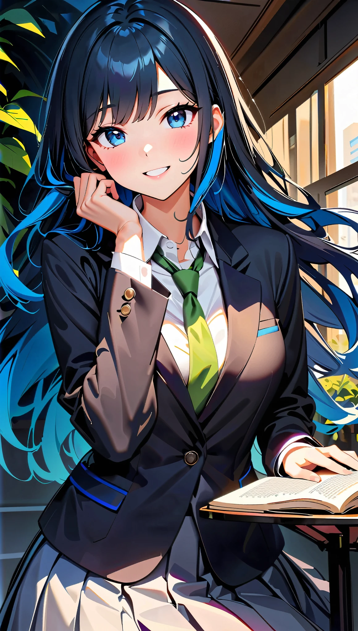 (highest quality:1.2, Very detailed, up to date, Vibrant, Ultra-high resolution, High Contrast, Super Detail, masterpiece:1.2, highest quality, Best aesthetics), (((1 girl))), Beautiful woman, , jk, blazer, Collared shirt with green tie, Pleated skirt, Reflection of light, translucent, Fascinating, Graceful pose, Shine目, Flowing Hair, Delicate, Shine, Bright colors, dream-like, Surreal, On the terrace of a café, coffee break, Books at hand, smile, Soft Light, Elegant gestures,
