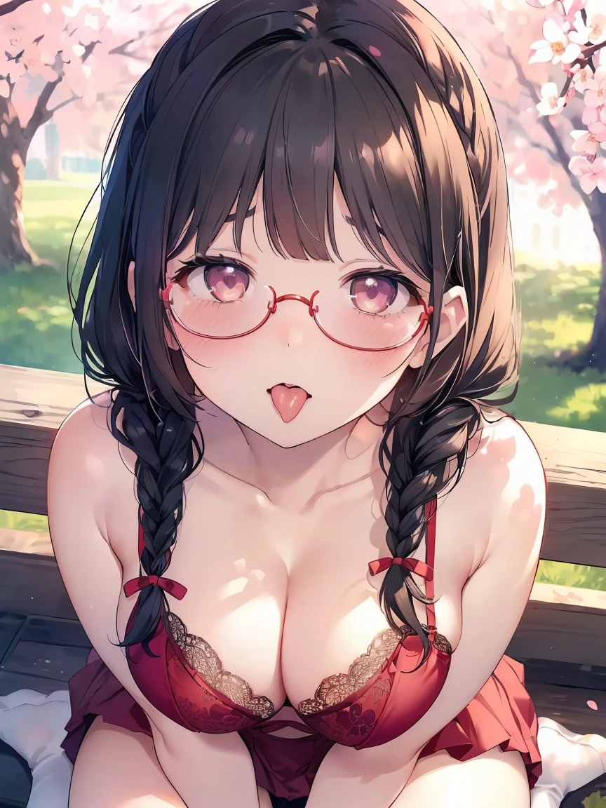 Very detailed, highest quality, High resolution, Moe Anime, ((A cute  with black hair and droopy eyes)), ((Wearing large round glasses:1.4)), (Baby Face), Cute eyes, eye depiction, Sparkle in the eyes, View your viewers, Pale skin, (Big eyes:1.4, Droopy eyes:1.4, Fatty face:1.4), smile, Focus on the face, In the park with cherry blossoms falling, Sitting, (Extreme close up of tongue), (((From above))), Open your mouth, (((Face only:1.3))), ((Red lace lingerie)), Bright Eyes, (Put your hands between your legs:1.4), large and long tongue, Cleavage, Braided hairstyle, Pink ribbon, ((saliva))