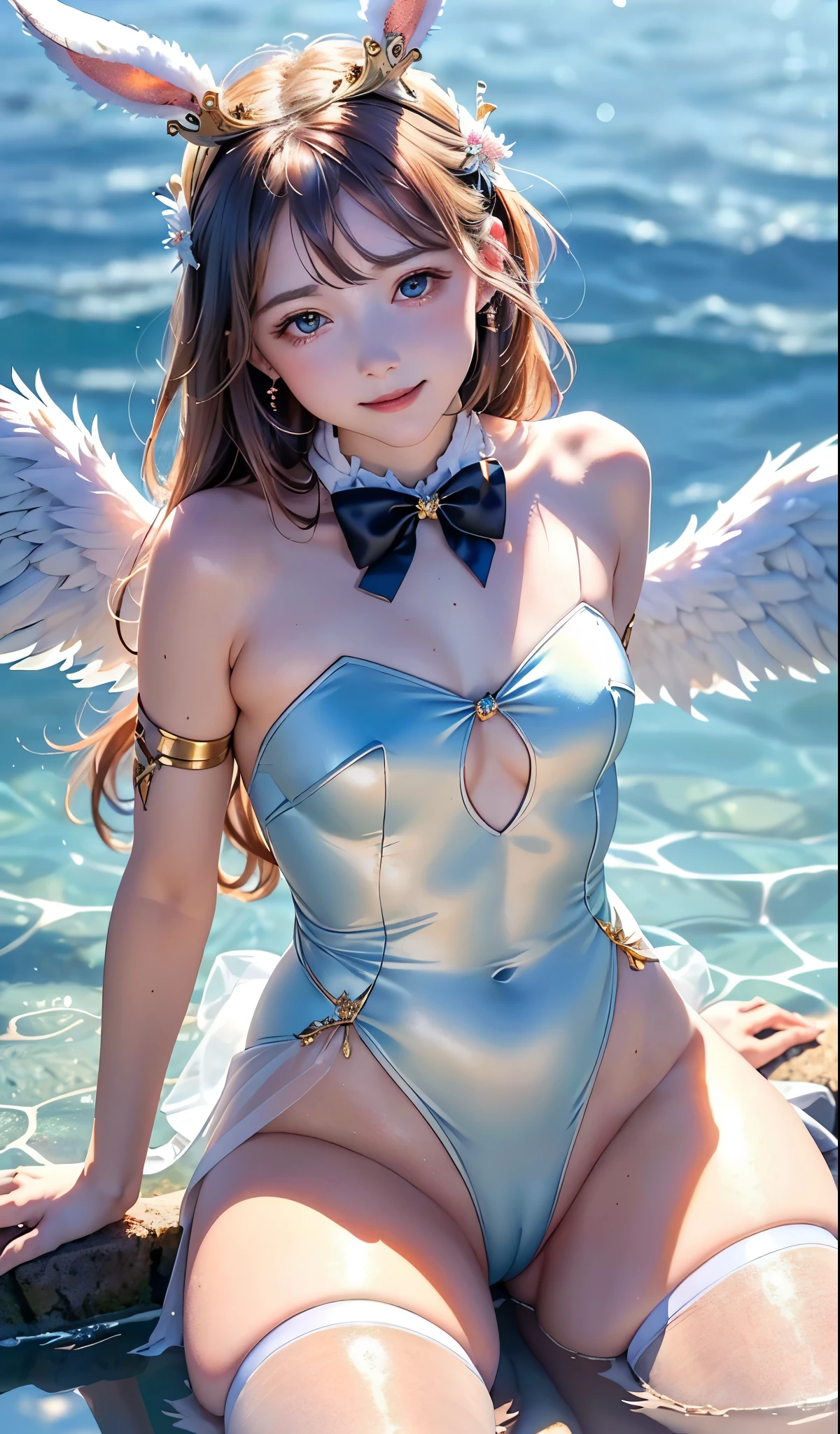 masterpiece, best quality, extremely detailed CG unity 8k wallpaper, (Upper Body head close-up shot of a beautiful ), , Elegant Long straight hair, ((Mckenna Grace)), (flat chest,thighs,Plump), Silver-gold(Glittering tutu,long Bunny Ear Headgear, , Bow-tie, No panties, genitals visible)wings,,Snowflakes,,Crown,,,zettai ryouiki,sitting,submerged,Underwater,, (spread legs), (Blush), oil skin, (seductive smile), (Wonderland), pretty face, key art, award winning, intricate detail realism hdr, by (ruan jia and artgerm and range murata), Photorealism, Hyperrealism, ultra realistic, dramatic light, intense shadows, gorgeous view, depth of field