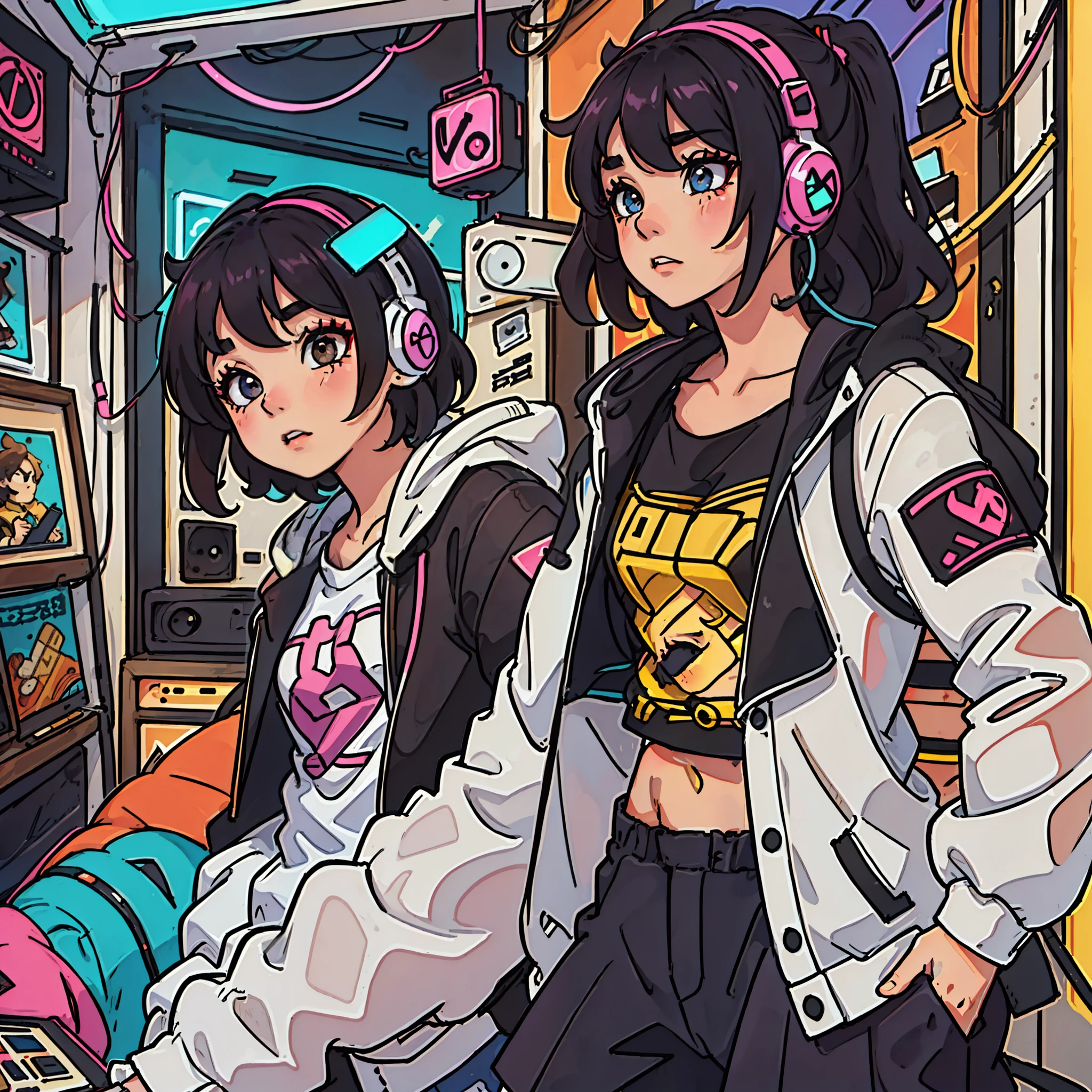 A boy character \(series\) and a junkotvv girl listen to music with headphones together in an old vinyl store, A room with a lot of singer posters, estilo de los 80, with neon lights. El ambiente es triste cuando la chica quiere romper.
