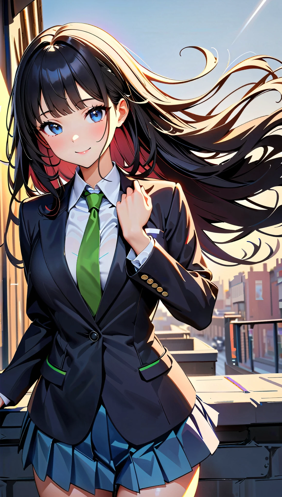 (highest quality:1.2, Very detailed, up to date, Vibrant, Ultra-high resolution, High Contrast, Super Detail, masterpiece:1.2, highest quality, Best aesthetics), (((1 girl))), Beautiful woman, , jk, blazer, Collared shirt with green tie, Pleated skirt, Reflection of light, translucent, Fascinating, Graceful pose, Shine目, Flowing Hair, Delicate, Shine, Bright colors, dream-like, Surreal, On the terrace of a café, coffee break, Books at hand, smile, Soft Light, Elegant gestures,