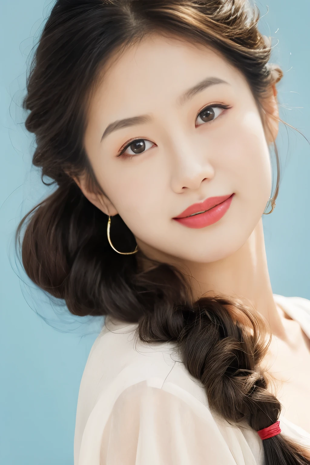 ,1girl,solo,brown eyes,looking at viewer,simple background,black hair,twintails,lips,child,eyelashes,brown hair,blue background,bangs,short hair,smile,cute,