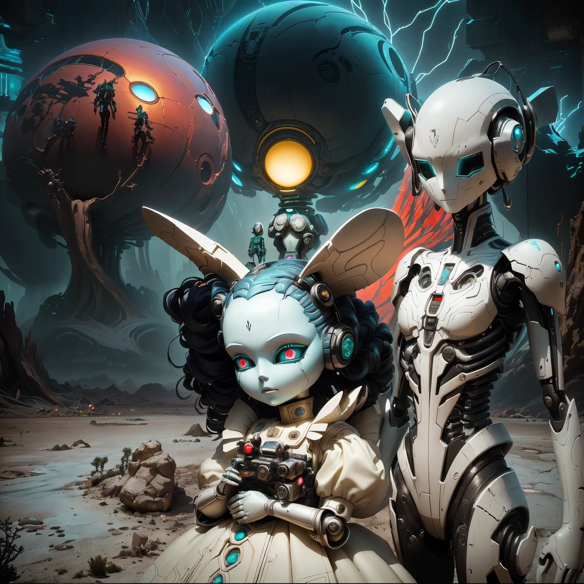there are two alien statues standing next to each other, beeple and jeremiah ketner, alice in wonderland cyberpunk, surreal dark fantasy, benjamin lacombe, surreal fantasy, michael cheval (unreal engine, surreal and fantasy art, year 3 0 0 0, year 3000, sci fi, the mekanik doll, dark fantasy sci fi