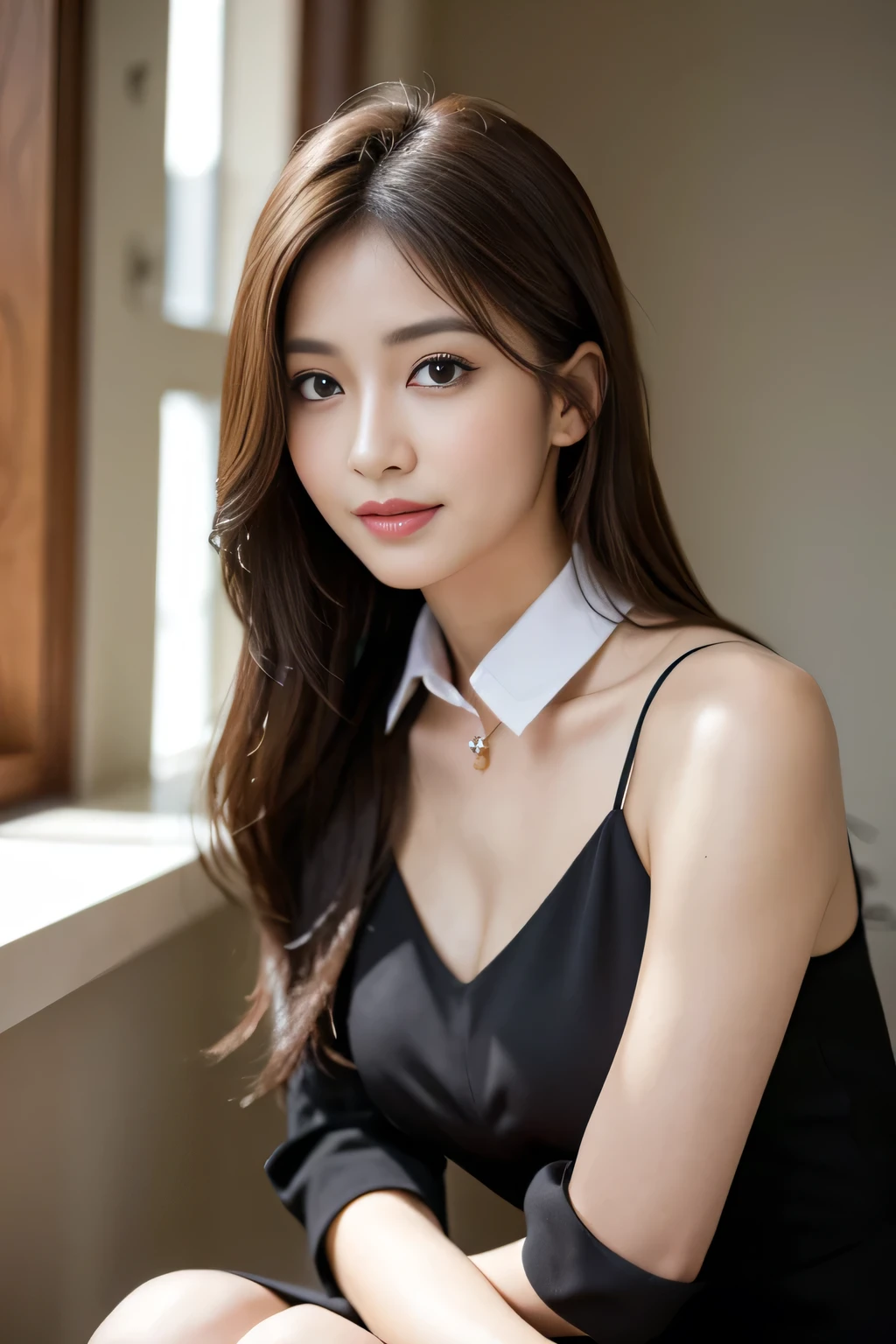 (RAW Photos), (Realistic), (masterpiece), (highest quality), High resolution, 8k, (Intricate details), (Volumetric Light), Portraiture, woman, Age 35, Medium Hair, Straight hair, Medium Chest, Layered Hair, Brown Hair, Very beautiful eyes, Source order, Very thin eyebrows, Very fine skin, Very beautiful mouth, Very nice nose, Cute like an idol, smile, (Thick lips), (Looking at the audience), (A see-through black dress shirt with a collar), Above the knee shot
