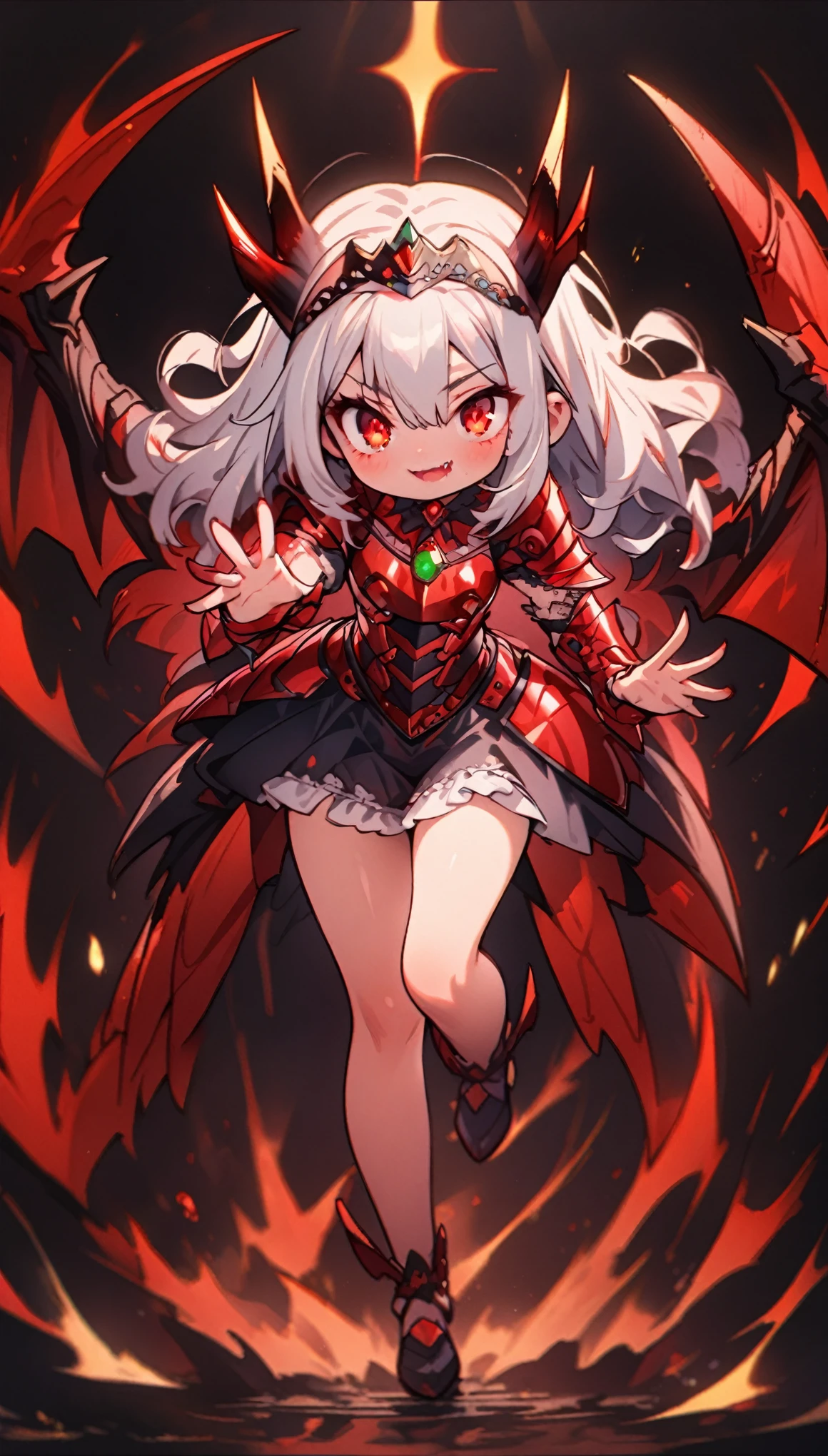 masterpiece, best quality, extremely detailed, high resolution, Japanese anime,1girl, Silver hair, (medium length hair:1.4), side braid hair, curly hair, wavy hair, drill hair, curl outward hair,dragon horn, mechanical wing, (vampire:1.2), (red eyes:1.5), (beautiful detailed eyes:1.4), laugh, 130cm tall, original character, fantasy, (black background:1.2), (full body:1.8), beautiful fingers, standing, (black red lace frill armor dress:1.5), (bejeweled tiara:1.5) , shoot from front, looking at viewer
