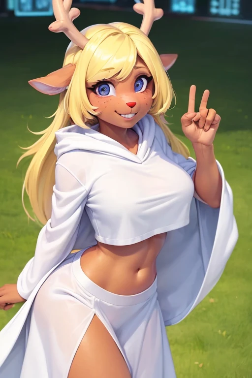 (noelle, furry female anthro, blonde hair, deer girl, red deer nose, white eyes, white pupils, white robe, hooded robe, big breasts, midriff), sad, outstretched arms, green neon city, smiling