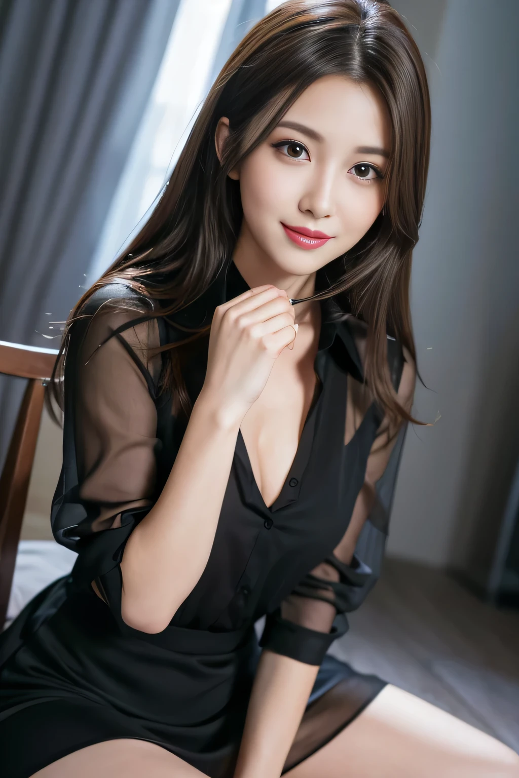 (RAW Photos), (Realistic), (masterpiece), (highest quality), High resolution, 8k, (Intricate details), (Volumetric Light), Portraiture, woman, Age 35, Medium Hair, Straight hair, Medium Chest, Layered Hair, Brown Hair, Very beautiful eyes, Source order, Very thin eyebrows, Very fine skin, Very beautiful mouth, Very nice nose, Cute like an idol, smile, (Thick lips), (Looking at the audience), (A see-through black dress shirt with a collar), Above the knee shot