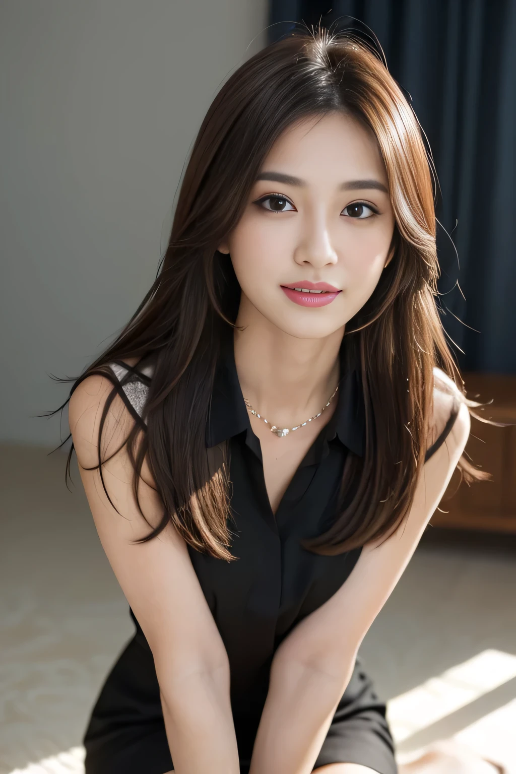 (RAW Photos), (Realistic), (masterpiece), (highest quality), High resolution, 8k, (Intricate details), (Volumetric Light), Portraiture, woman, Age 35, Medium Hair, Straight hair, Medium Chest, Layered Hair, Brown Hair, Very beautiful eyes, Source order, Very thin eyebrows, Very fine skin, Very beautiful mouth, Very nice nose, Cute like an idol, smile, (Thick lips), (Looking at the audience), (A see-through black dress shirt with a collar), Above the knee shot