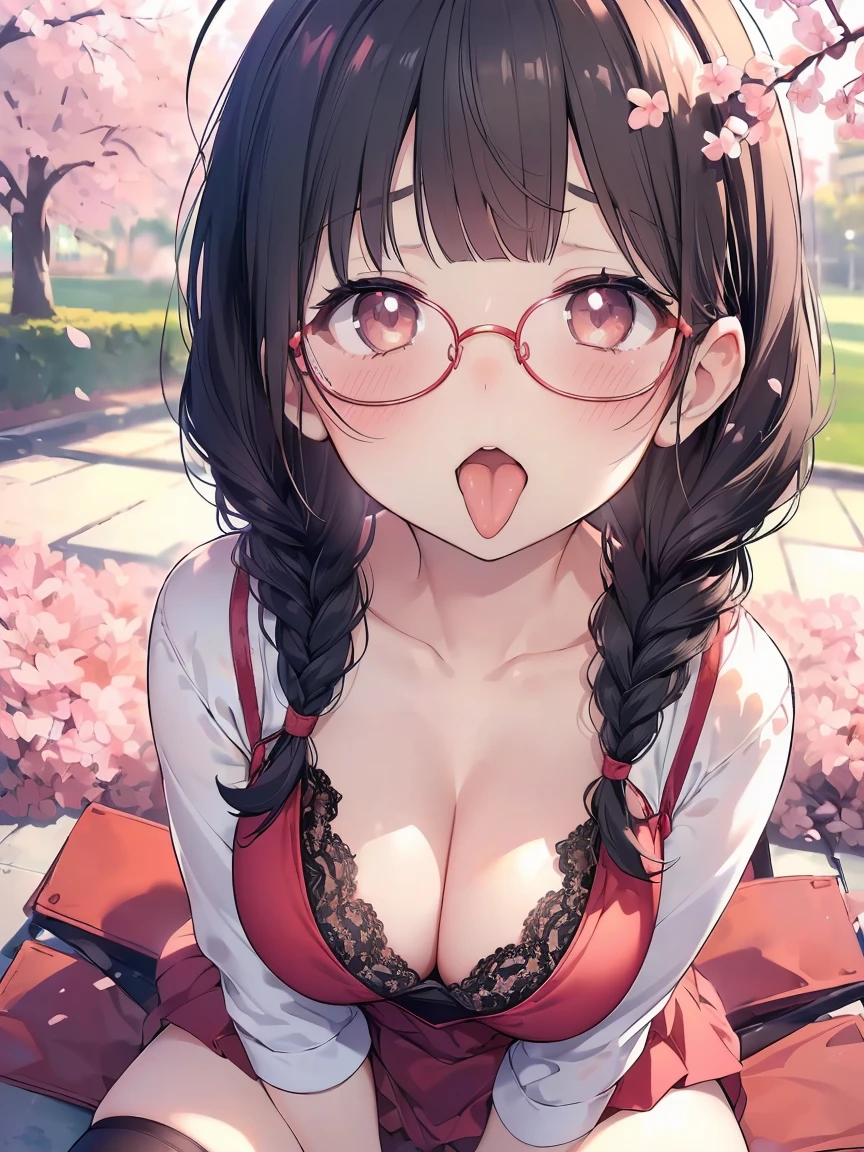 Very detailed, highest quality, High resolution, Moe Anime, ((A cute elementary school girl with black hair and droopy eyes)), ((Wearing large round glasses:1.4)), (Baby Face), Cute eyes, Detailed eye depiction, Sparkle in the eyes, View your viewers, Pale skin, (Big eyes:1.4, Droopy eyes:1.4, Fatty face:1.4), smile, Focus on the face, In the park with cherry blossoms falling, Sitting, (Extreme close up of tongue), (((From above))), Open your mouth, (((Face only:1.3))), ((Red lace lingerie)), Bright Eyes, (Put your hands between your legs:1.4), large and long tongue, Cleavage, Braided hairstyle, Pink ribbon