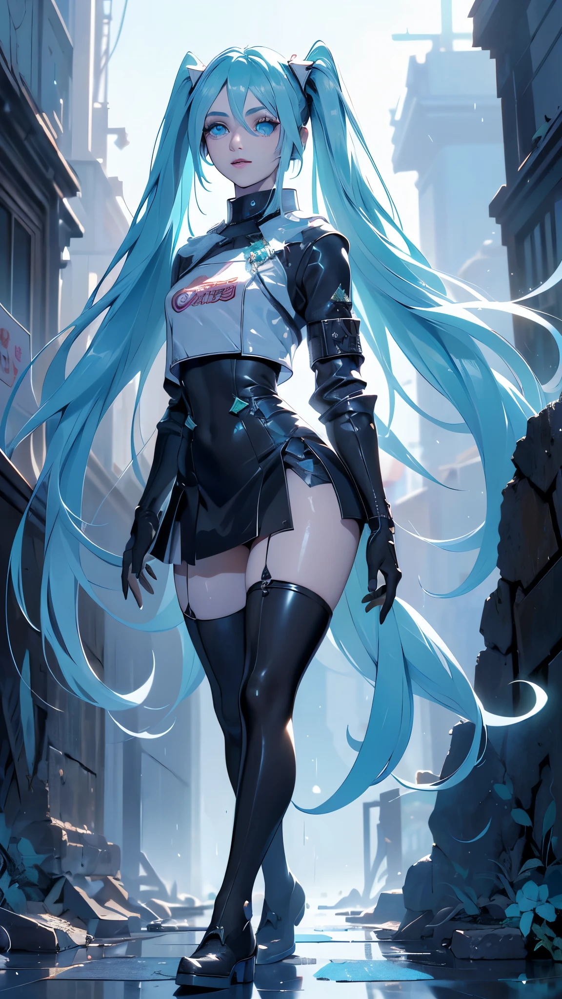 (La mejor calidad,A high resolution,Ultra - detallado,actual), Miku Hatsune, ,(Ruined alley Tokyo cyberpunk dungeon ruins background :1.4 ), pechos grandes, dynamic pose , (pelo verde oscuro colas gemelas) ,(miniskirt white corta:1.4), cabello muy largo) , Put your arms behind your back, blue eyes, ojos brillantes, cara relajada, pelo de las cejas, cabello brillante,,(Fondo de ruinas de mazmorra en ruinas:1.4 ), piel brillante, una ligera sonrisa, Racing Miku, cuerpo negro, chaqueta corta, chaqueta blanca, manga larga, guantes de dos tonos, botas altas de muslo,,(Fondo de ruinas de mazmorra en ruinas nublado lluvia :1.4 ),(Obra maestra: 1.4), (8k, realista, foto cruda, La mejor calidad: 1.4),(Miku Hatsune:1.4), (Miku-hatsune V2.1), (Detalles de la cara: 1.5, (ojos azules hermosos :1.4) , hermoso rostro, ojos bonitos, Iris lining, labios delgados: 1.5, delgado, pale and sharp eyebrows, Largo, dark eyelashes, double eyelashes),manos perfectas: 1.5, (Kinematic V2.1),( dynamic pose), (perfect ???????) 