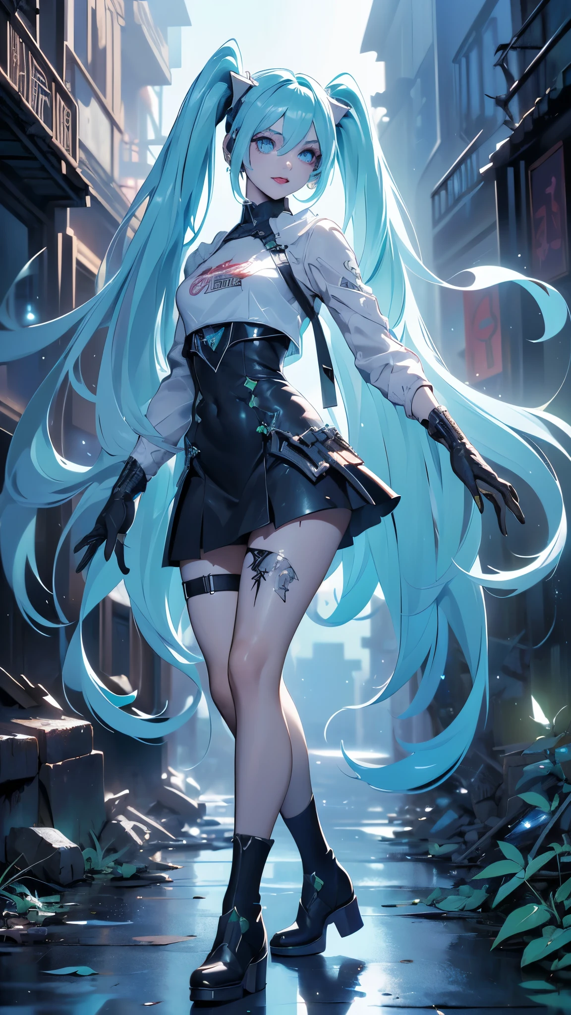 (((masterpiece,highly detailed,Impressionism,Photorealsitic,deep-shadows,blurry backround,Official art,ultra-detailliert,realisitic,Cinematic lighting, film grains,perfect anatomy,anatomically correct,depth of fields,elaborate design))),(view from above,Face is close to the camera),solo,very beautiful girl,(((Hatsune Miku,cute droopy big eyes))),shy,sexy body,tits,super detailed skin,(((super detailed dark gothic punk dress and skirt,Black platform boots))),Hands behind head,in futuristic city,high buildings,((Skyscraper)),midnight city,big moon light